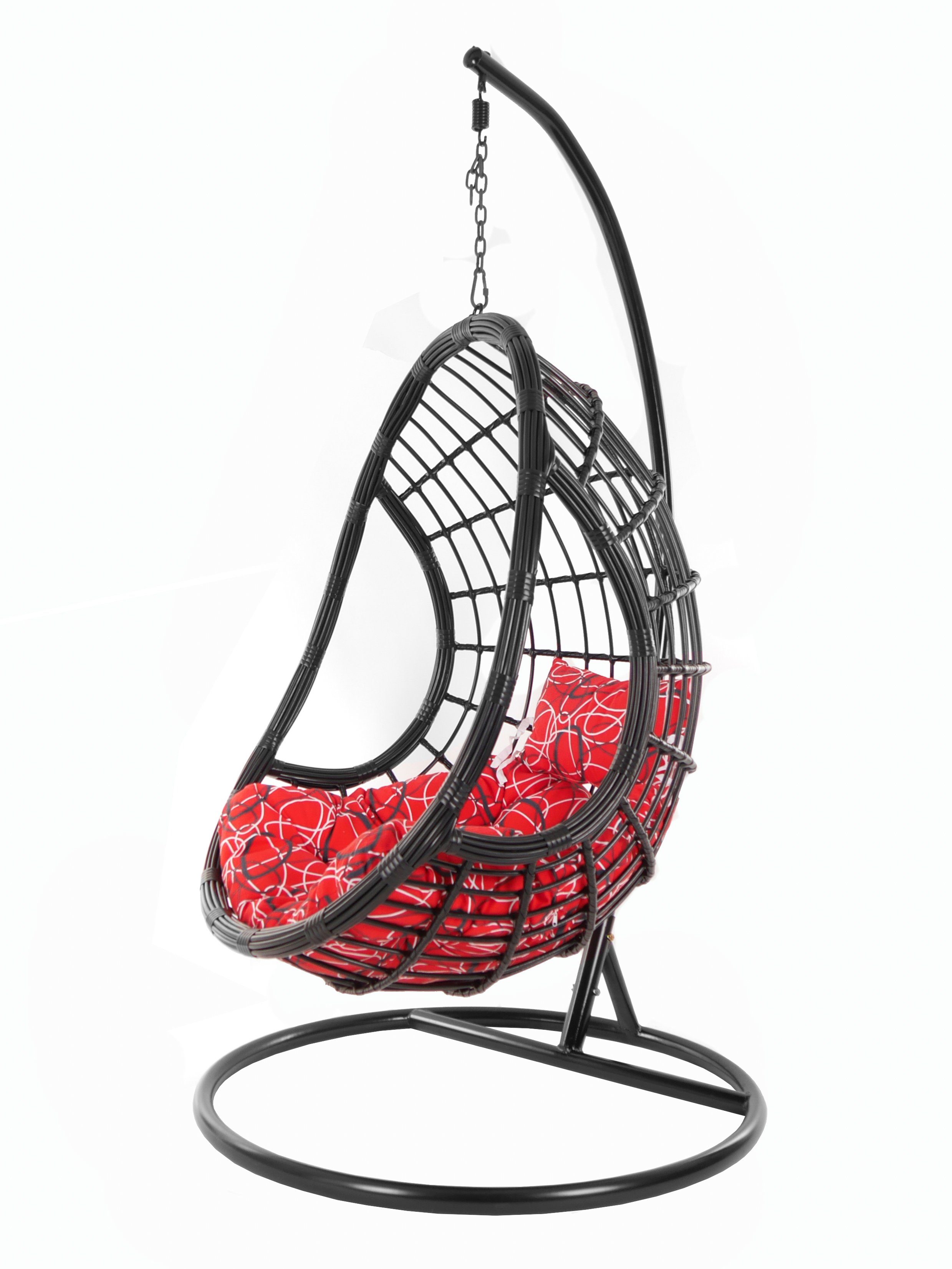 KIDEO Hängesessel PALMANOVA black, Swing Chair, schwarz, Loungemöbel, Hängesessel mit Gestell und Kissen, Schwebesessel, edles Design rot gemustert (3088 red frizzy)