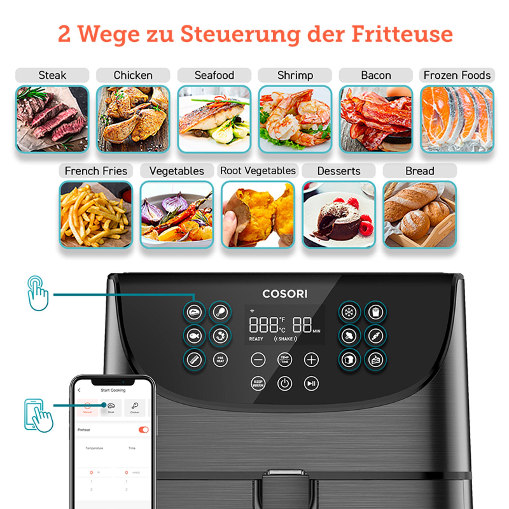 Cosori Heißluftfritteuse 5,5L XXL, 13-in-1 Airfryer, ohne fett, Max 205 ℃, 55 % Energiesparend, 1700,00 W, Kochbuch mit 100 Rezepten, Spülmaschinenfeste, mit Touchscreen