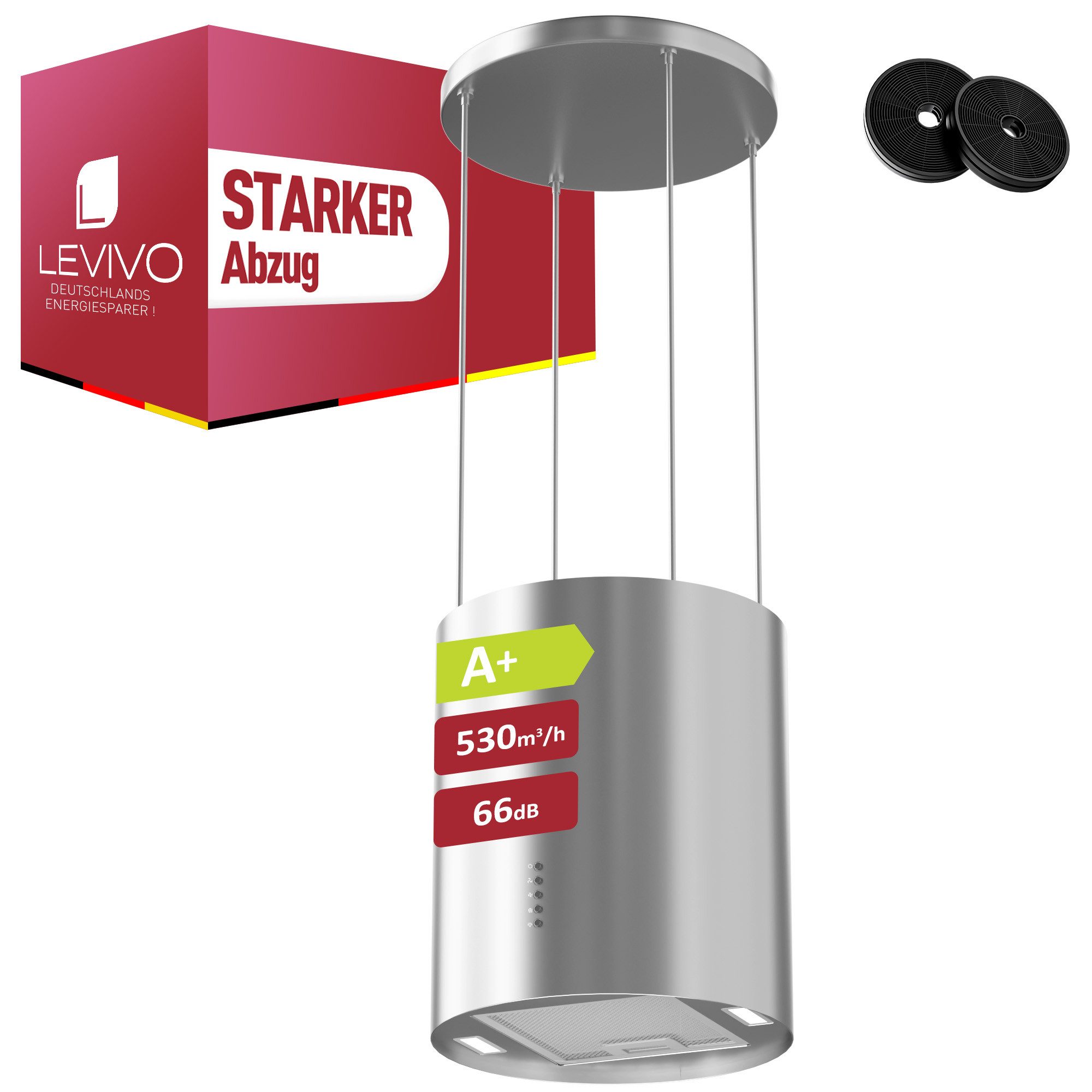 Levivo Inselhaube A+ Dunstabzugshaube Umluft Freihängend mit 530 m³/h Luftleistung A+ Dunstabzugshaube Umluft Freihängend mit 530 m³/h Luftleistung, Aktivkohlefiltern, Fettfiltern, LED-Beleuchtung