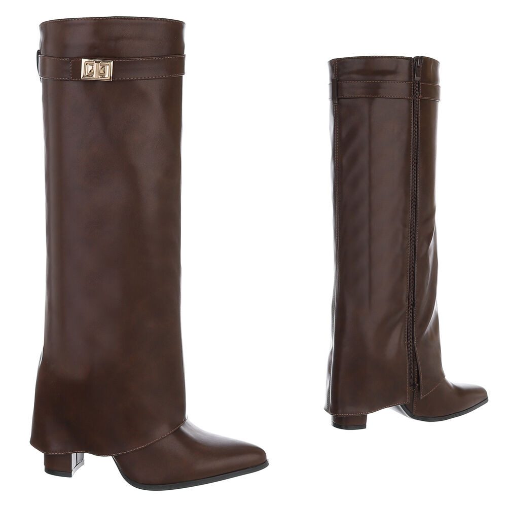 Ital-Design Elegante kniehohe Stiefelette mit Blockabsatz für Damen High-Heel-Stiefel (89852586) Blockabsatz Stiefel in Braun