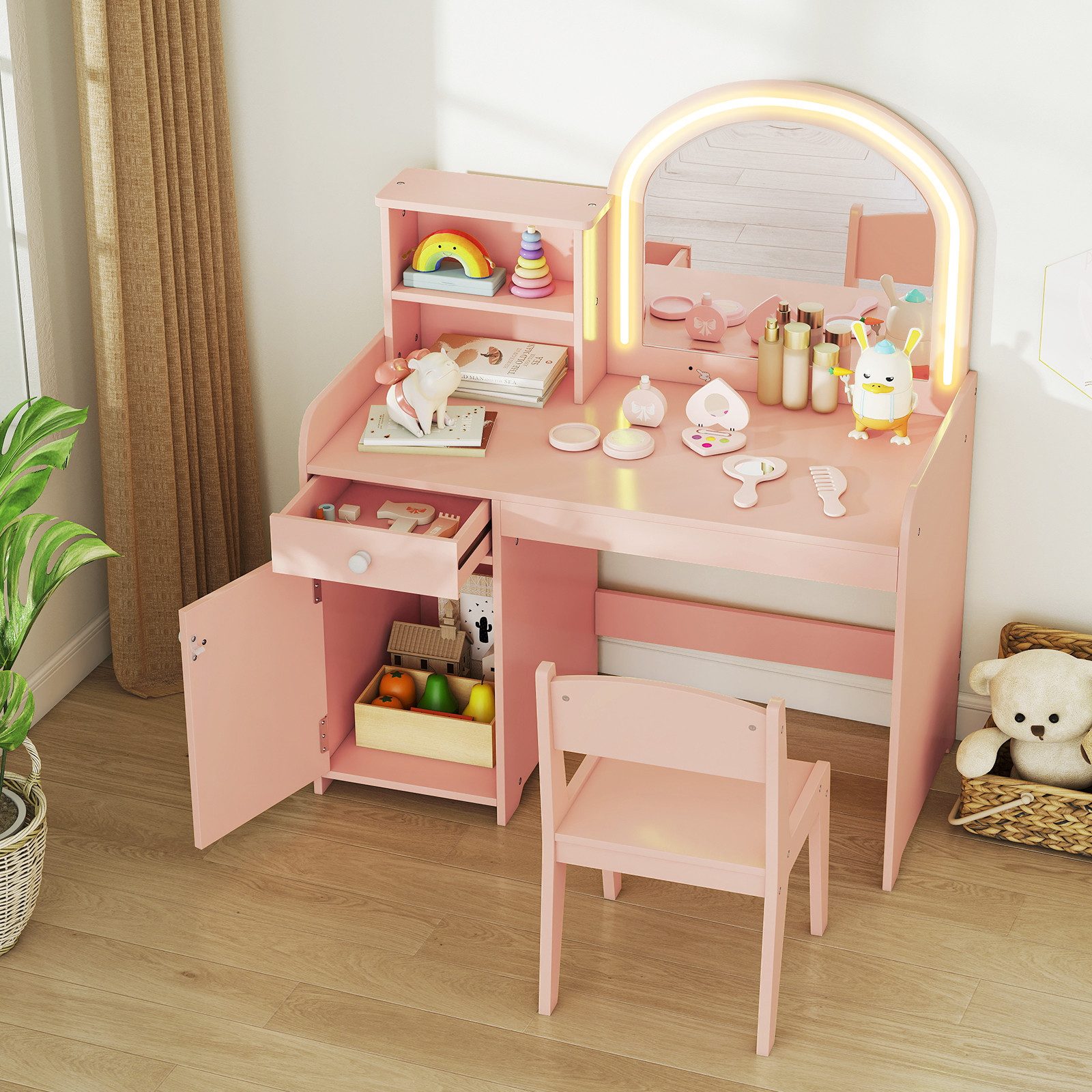 COSTWAY Schminktisch Kinder, mit Stuhl & LED Spiegel & Schublade, ab 3 Jahre