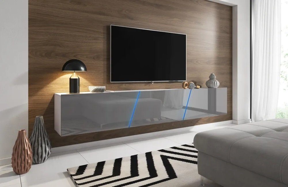 DB-Möbel TV-Schrank TV-Lowboard LOAN in Weiß und Grau TV-Unterteil hängend 240cm LED WeißGrau