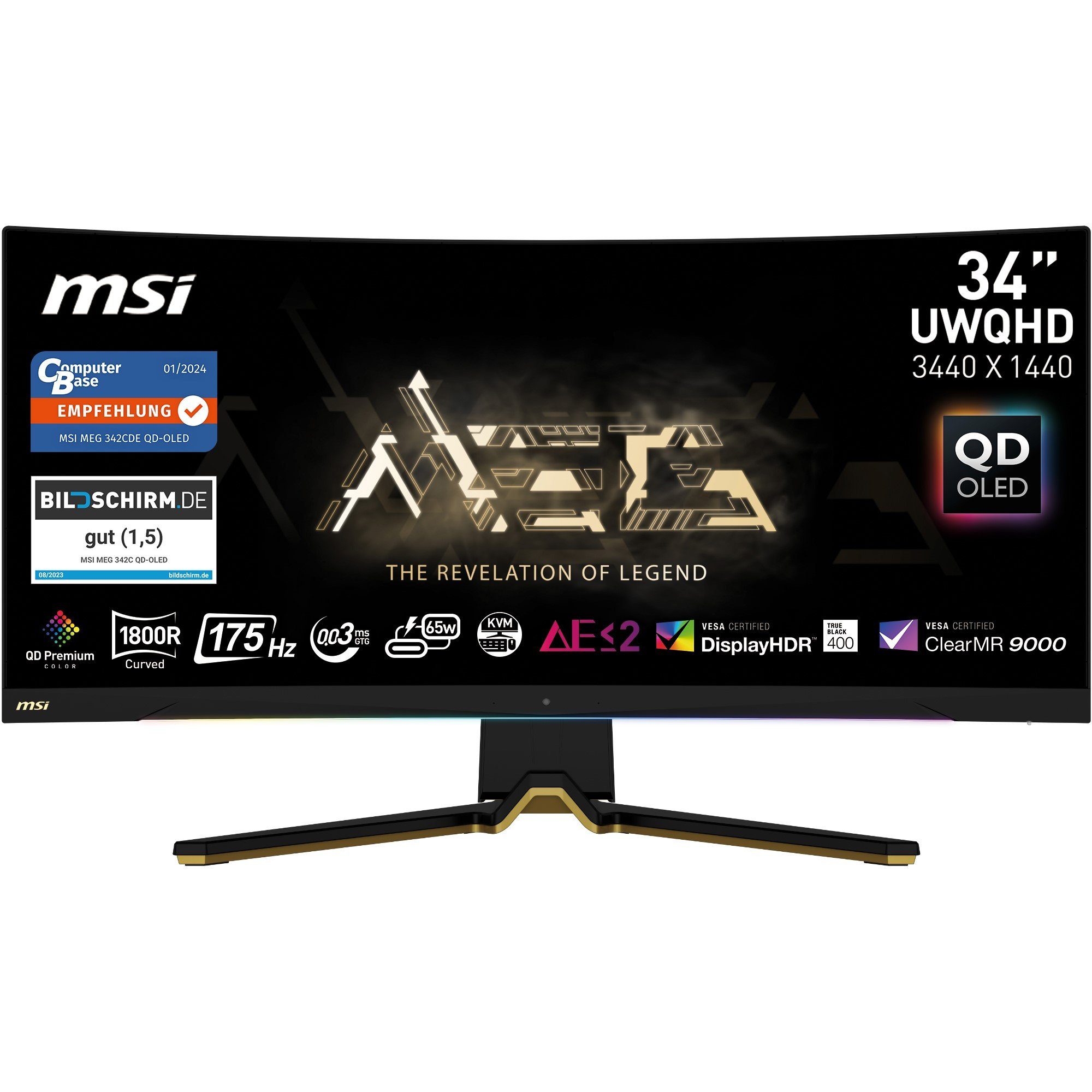 MSI MEG 342C QD-OLED Curved-Gaming-OLED-Monitor (86,4 cm/34 ", 3440 x 1440 px, UWQHD, 0,5 ms Reaktionszeit, 175 Hz, OLED, 3 Jahre Herstellergarantie, höhenverstellbar, USB-C)