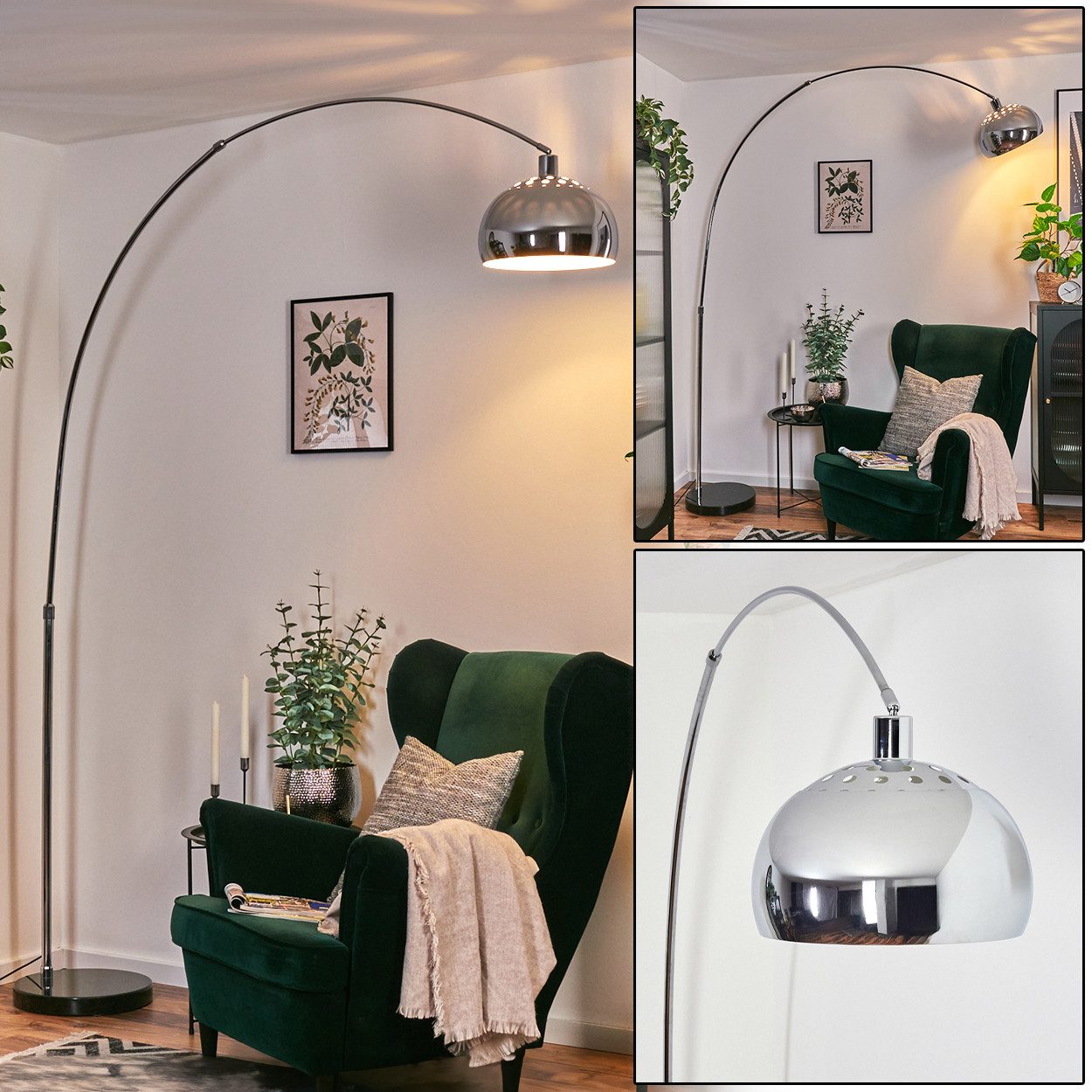 hofstein Bogenlampe Stehlampe Metall in Schwarz/Chrom/Rauch/Weiß im Retro/Vintage-Design, verstellbare Stehleuchte mit Marmorfuß, Lichteffekt, Fußschalter, E27