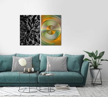 Sinus Art Leinwandbild 2 Bilder je 60x90cm Abstrakt Kreise Wellen Schwarz Orange Yin Yang Schwingungen