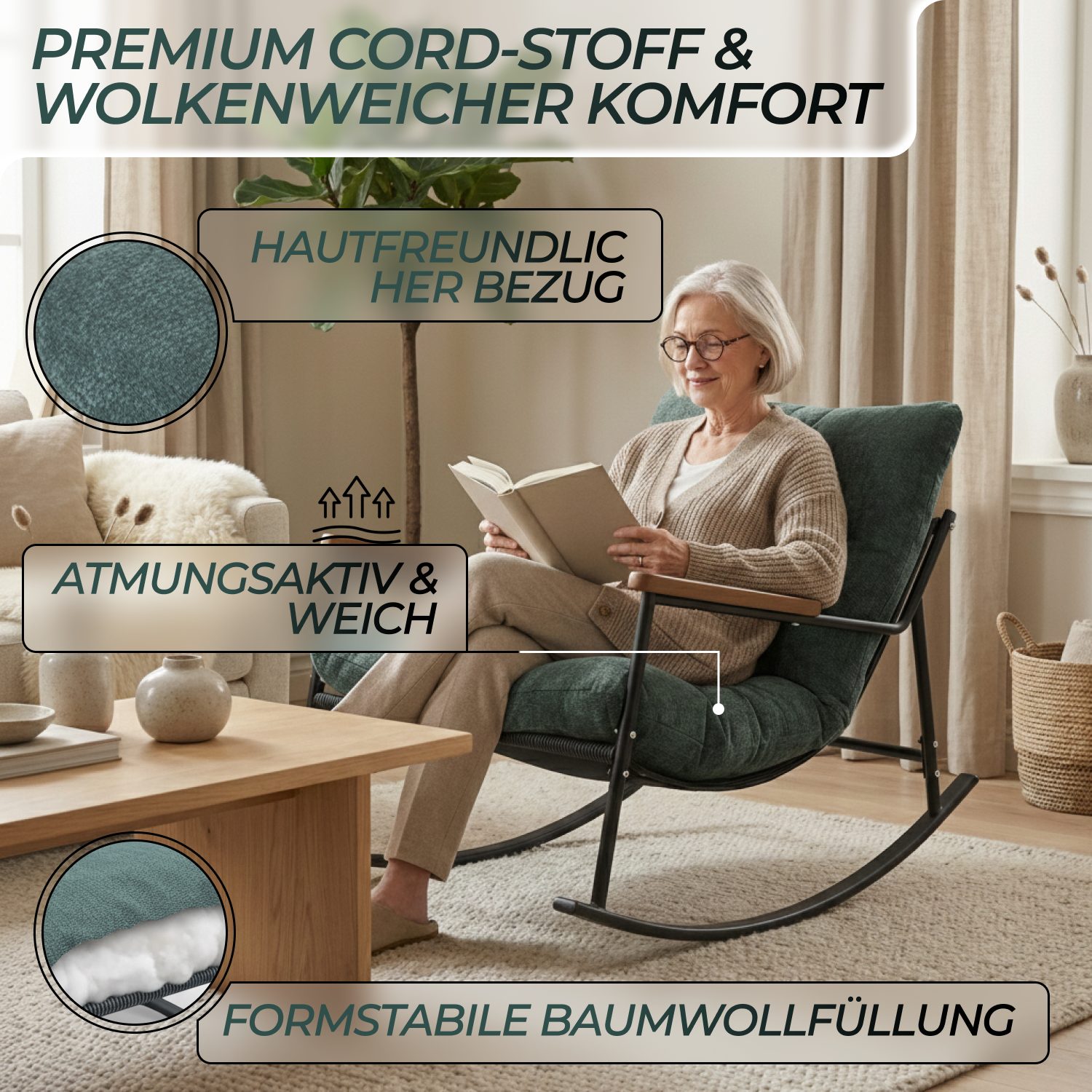 Allyson Schaukelsessel Retro Schaukelstuhl Cord Relaxsessel Polstersessel Metallgestell (Einzelstück, Einzelartikel), Hochwertiger Cord-Bezug; Soft-Touch Haptik; Inklusive Montagesatz
