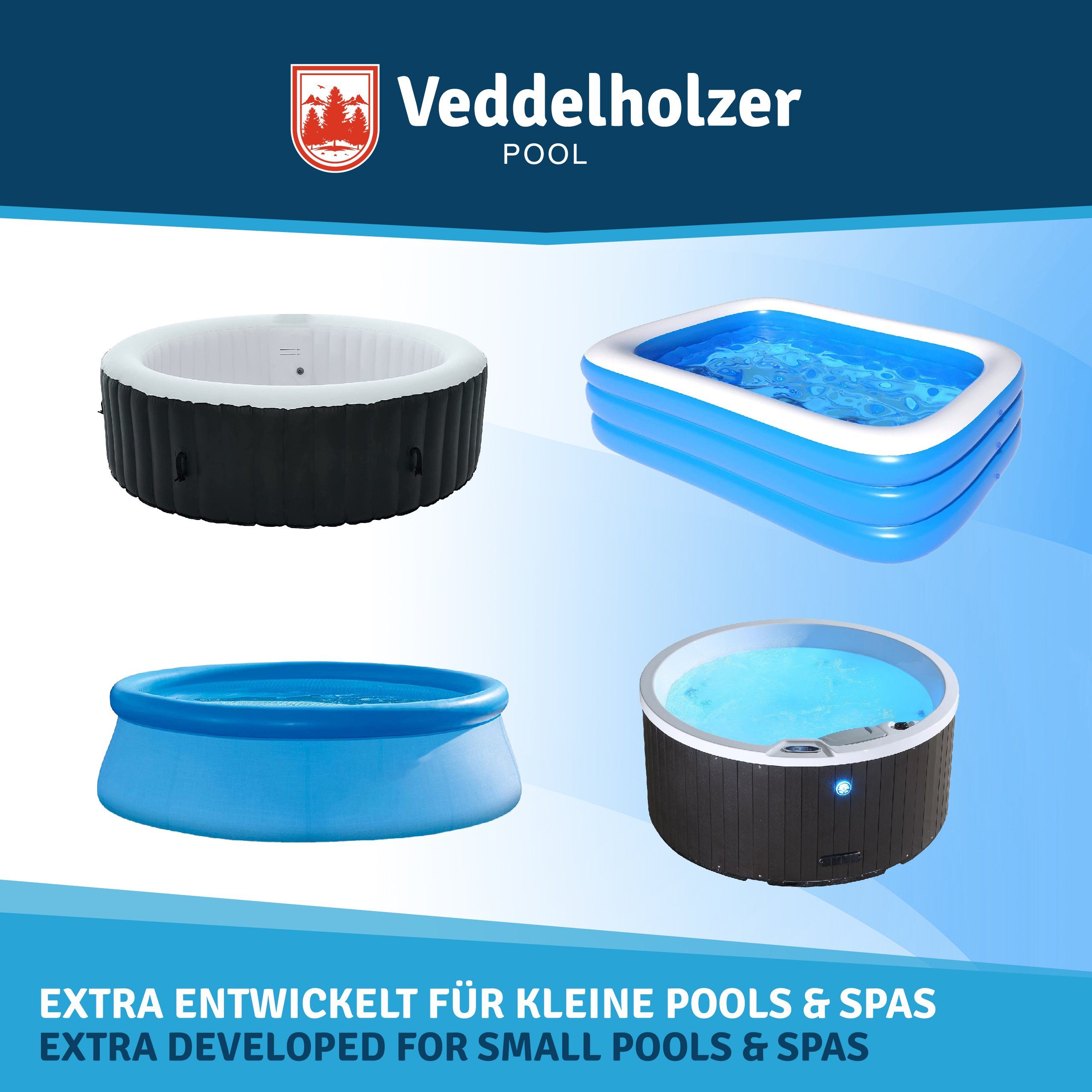 Veddelholzer Poolpflege Mini 4 in 1 Reinigungsset Pool & Spa Poolreiniger, (4 in 1 Poolreiniger, Chlor Mini Tabs, 1 Dosierschwimmer, Pooltester, pH Senker), Anw – Bild 4 von 5