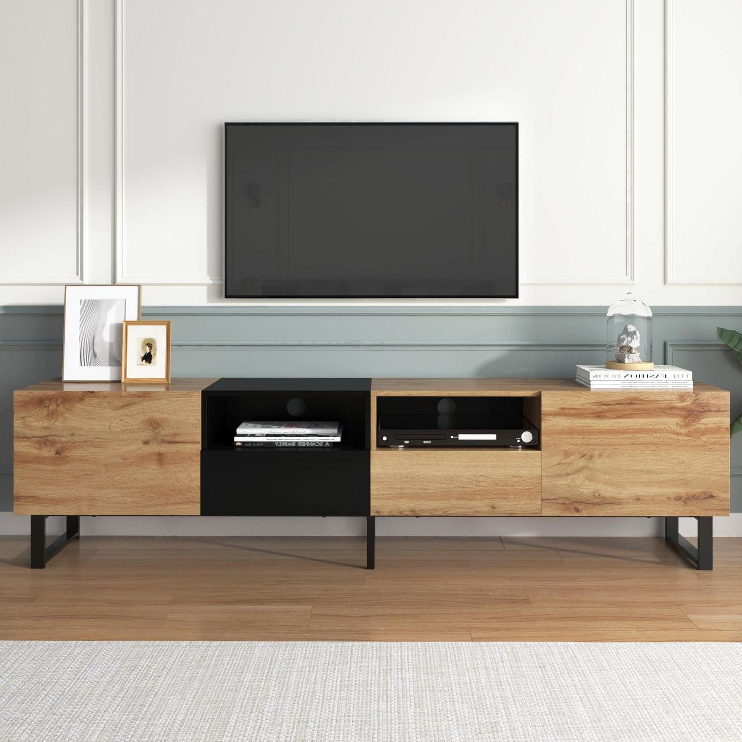 LuxusKollektion TV-Board TV Lowboard PVC Kanten 2 Türen 2 Schwarz und Holzfarbe(190x38x48cm)