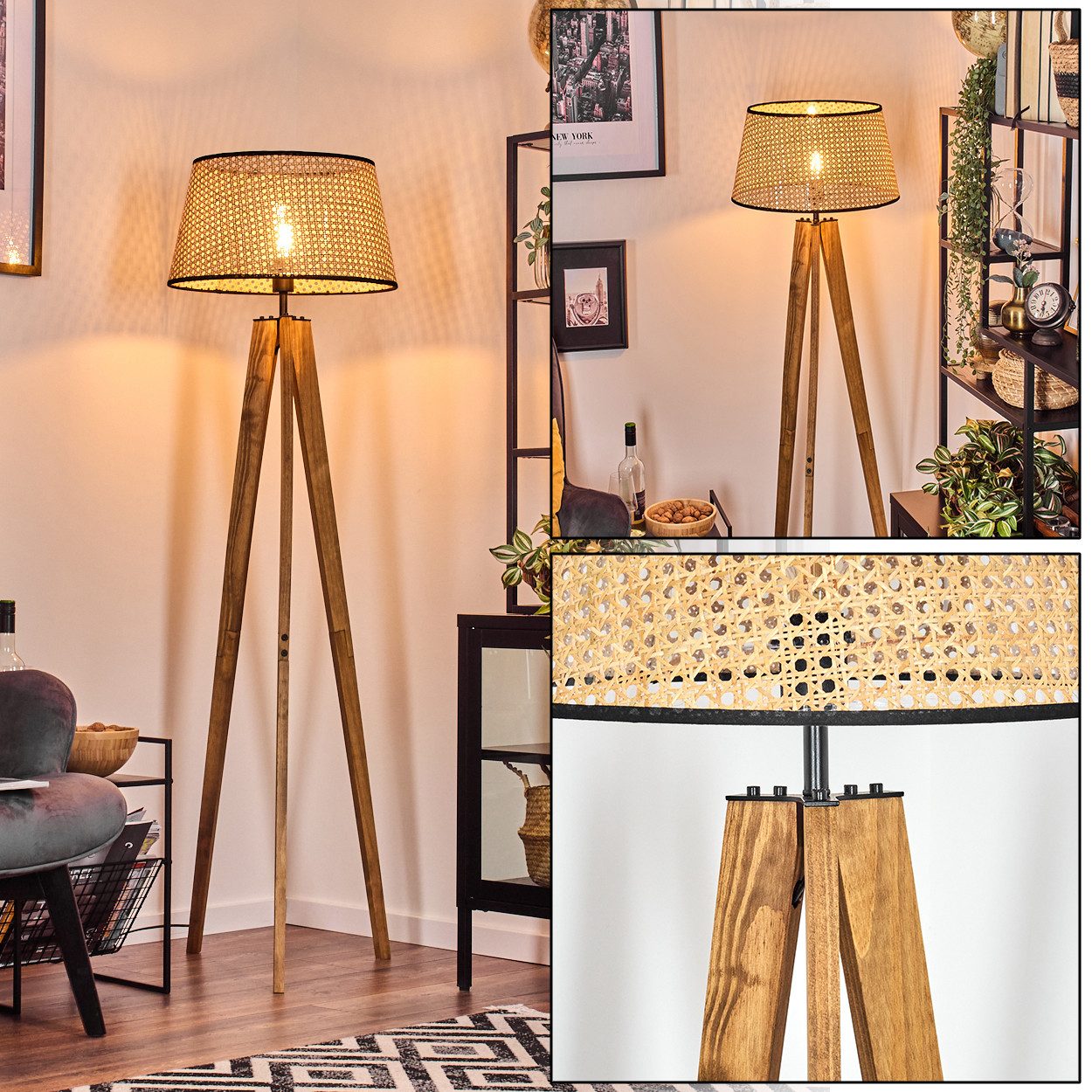Stehlampe Stehlampe aus Holz/Metall/Bast in Naturfarben/Schwarz