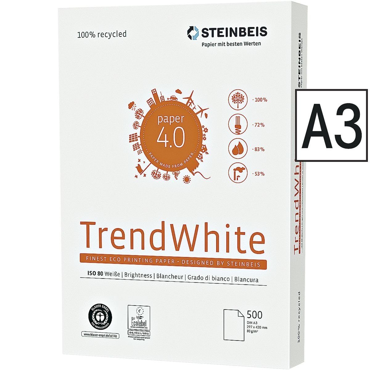 STEINBEIS Recyclingpapier Trend Format 80 White, A3, 500 80 DIN g/m², Blatt CIE