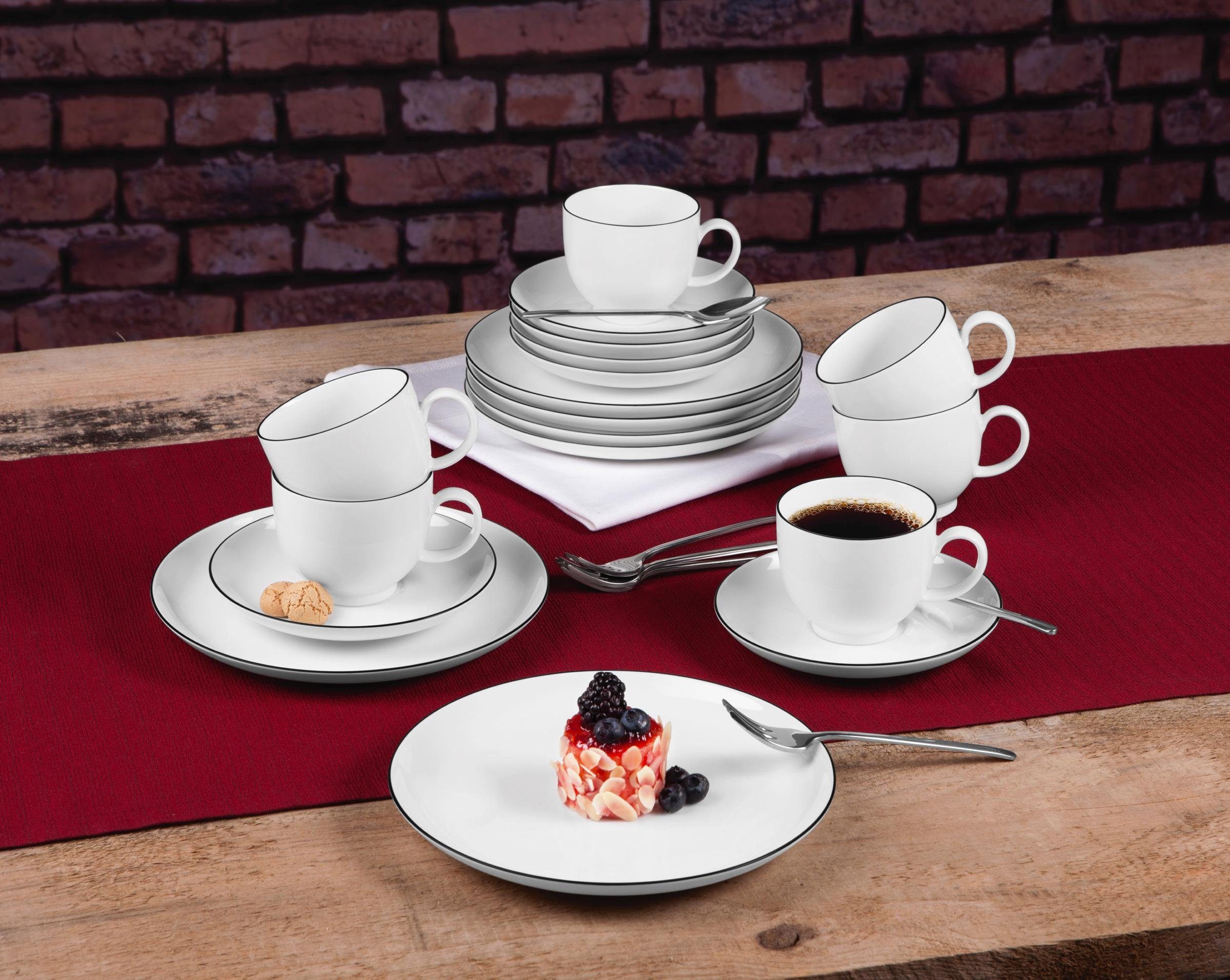 Seltmann Weiden Kaffeeservice Geschirr-Set, Service Lido Black Line (18-tlg), 6 Personen, Porzellan, Tassen, Untertassen, Teller, 18 Teile, für 6 Personen, Made in Germany
