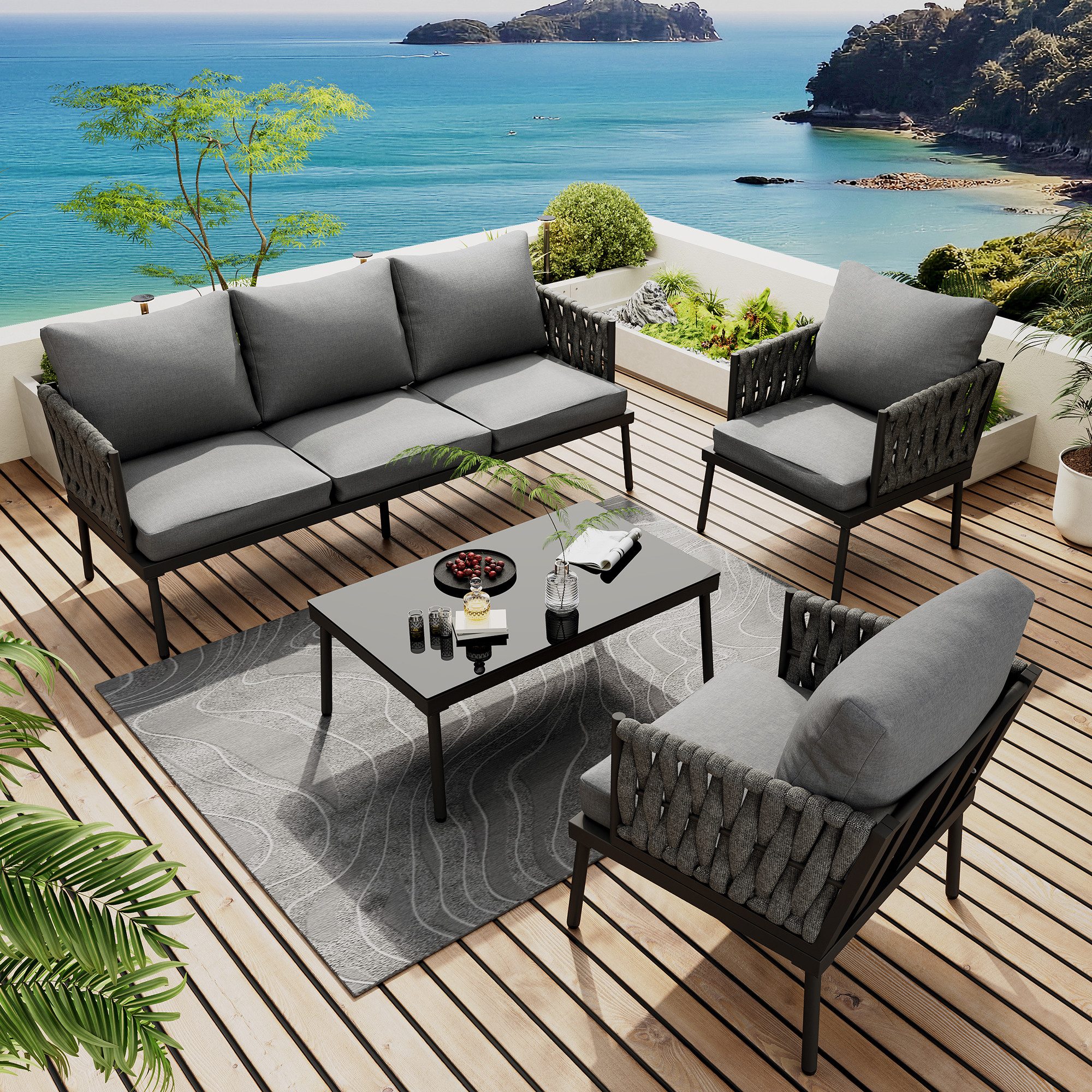 MODFU Gartenlounge-Set Outdoor-Möbelset, (Garten-Lounge-Set, Gartenmöbel-Set, Outdoor-Sofa-Set, Balkonset, 4-tlg., 3er Sofa, 2 Sessel und Couchtisch), Glastischplatte, geflochtene Seilarmlehnen, verzinkter Stahl