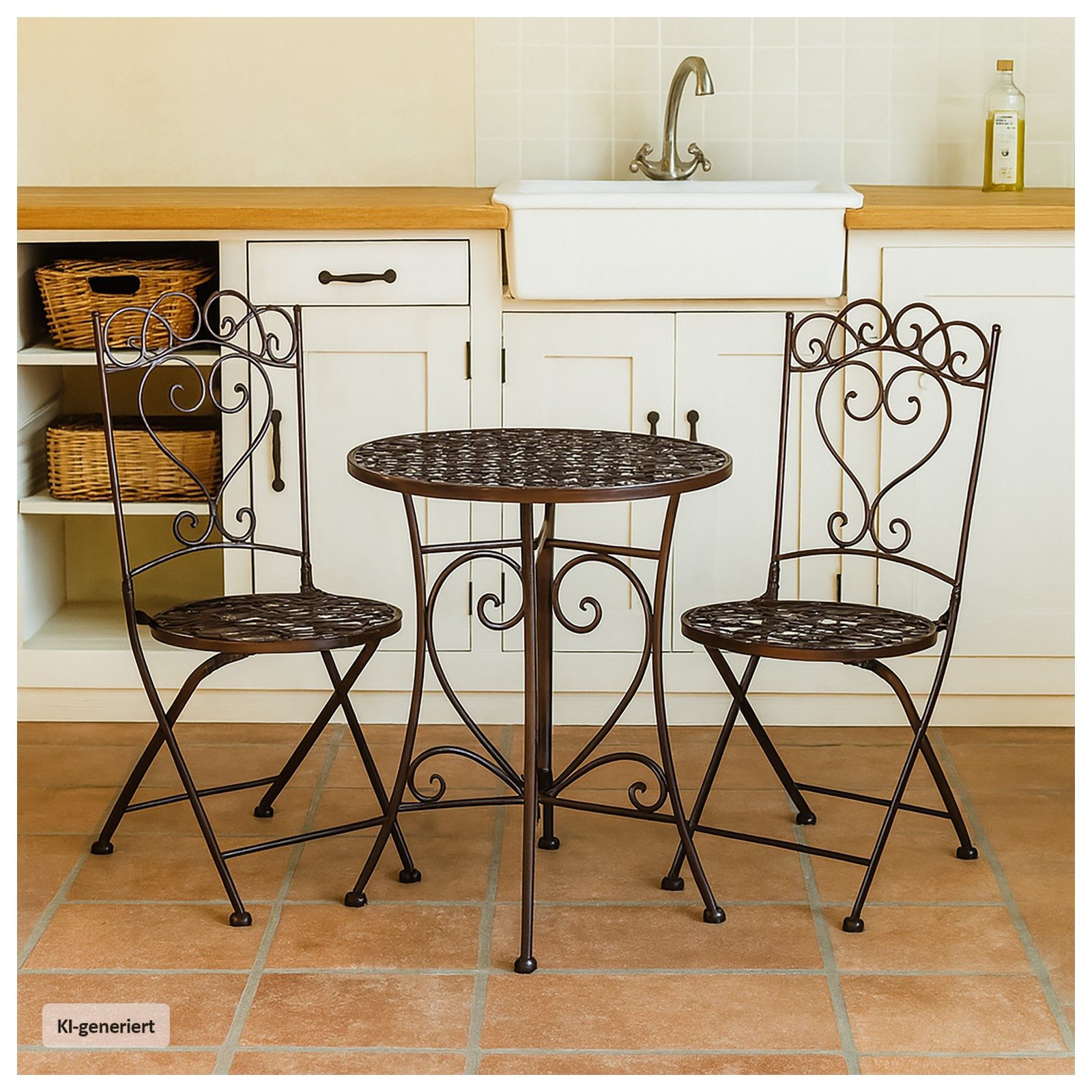 HTI-Living Küchentisch Essgruppe 3-teilig Curly Braun (Set, 3-St., 1x Tisch und 2x Stühle), Sitzgruppe Metall Nostalgisch