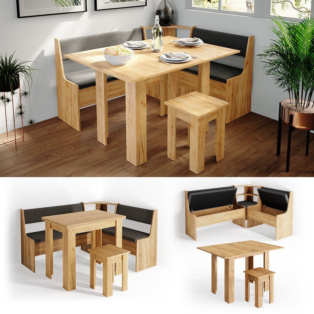 Vicco Sitzgruppe Roman, Goldkraft Eiche/Anthrazit, 150 x 120 cm mit Tisch, (Set, 5-tlg., 5-er Set), bequeme Polsterung