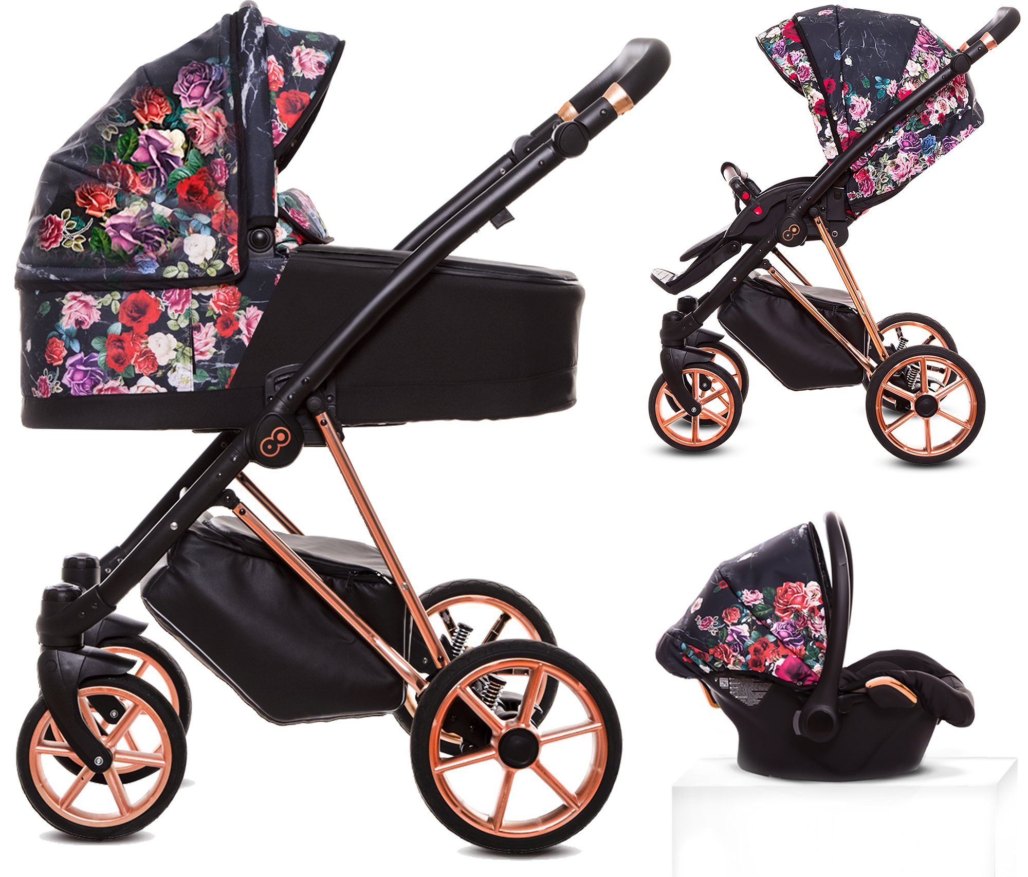 Musse Gestell Roségold Kombi-Kinderwagen 1 Rose, Gestell Dark Komplettset Babywanne 3 TPFLiving Windeltasche, Baby Gold Rose Autositz Kinderwagen Regenschutz in Moskitonetz Buggy