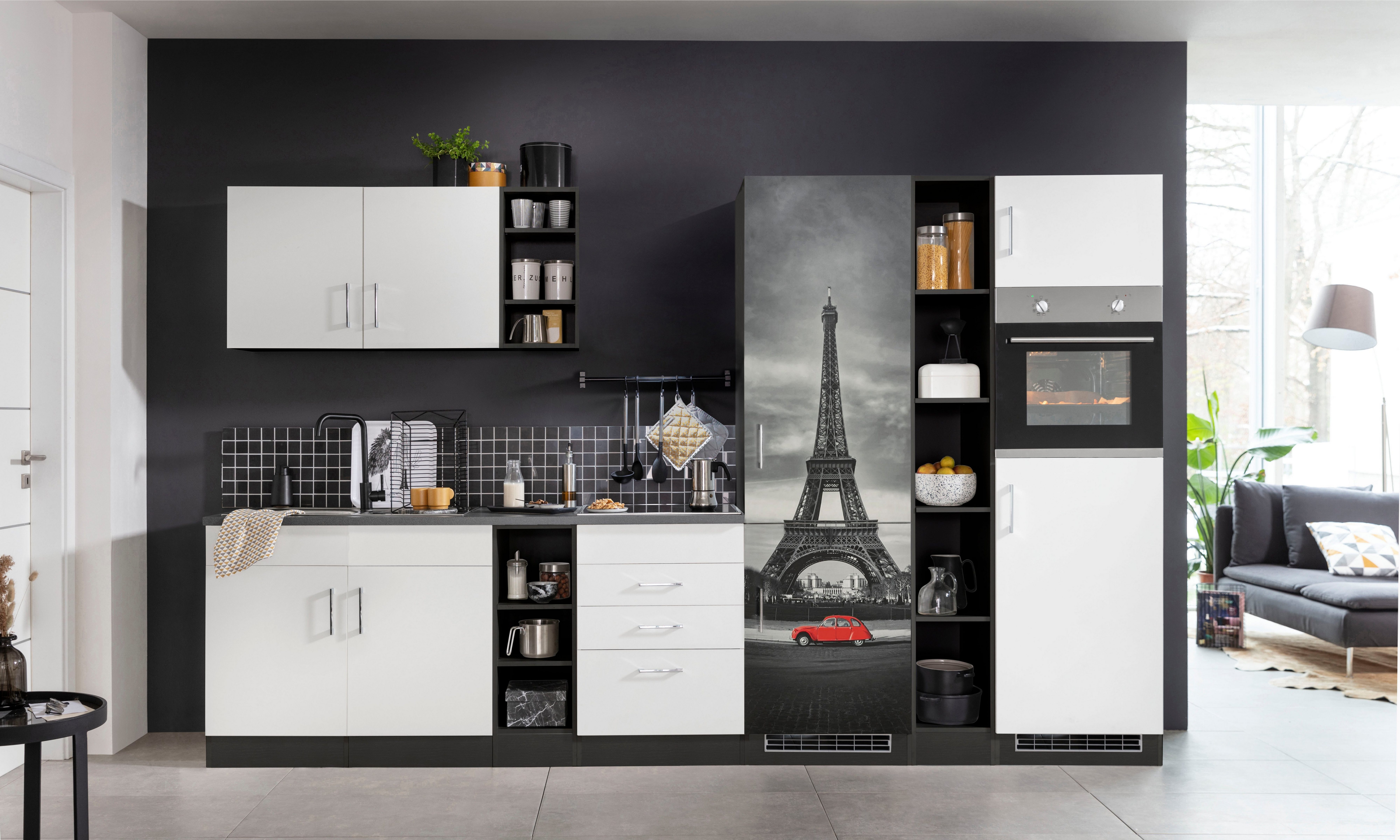 Küchenzeile Paris, ohne Breite im Digitaldruck hochwertige 340 HELD cm, Bietet MÖBEL Motive E-Geräte,