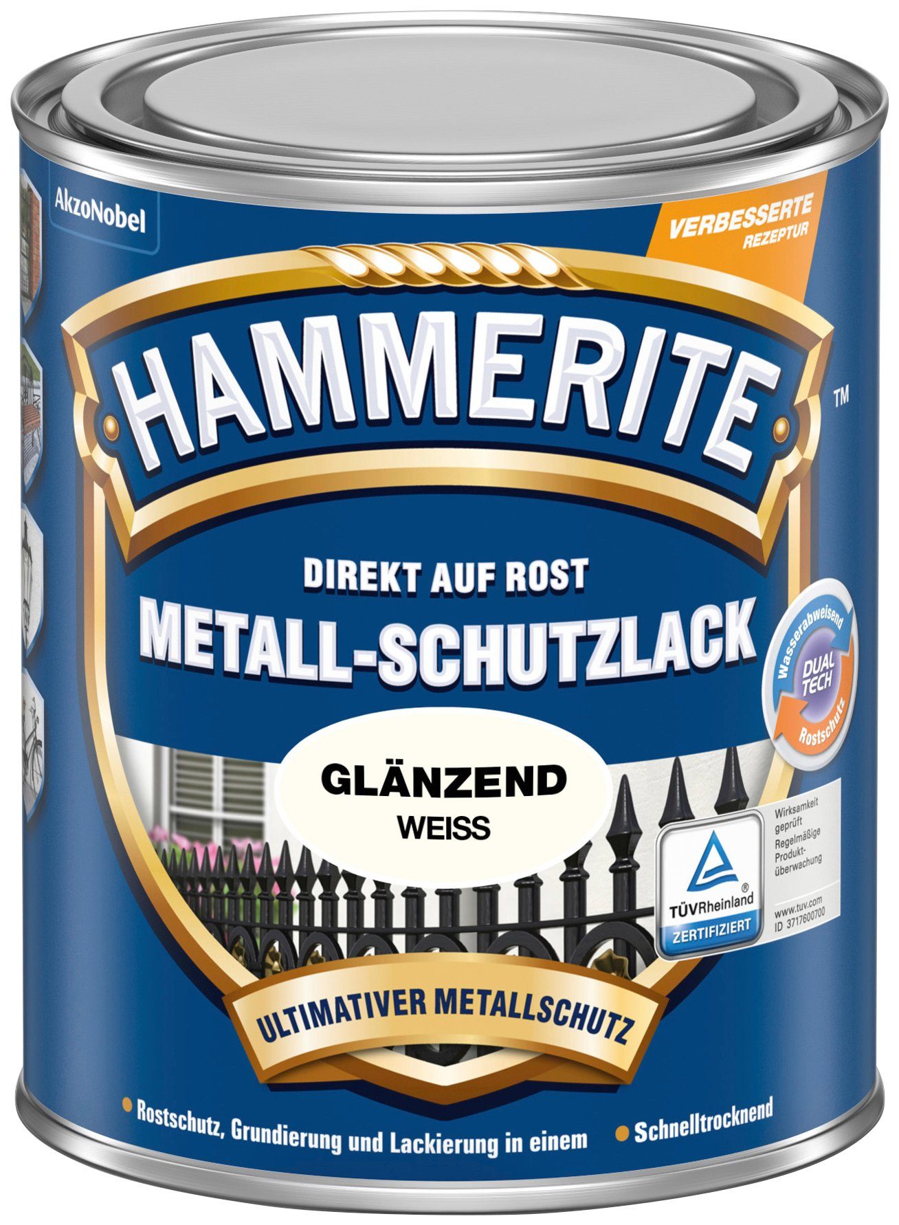 Metallschutzlack Liter, AUF ROST, weiß glänzend Hammerite  DIREKT 0,75