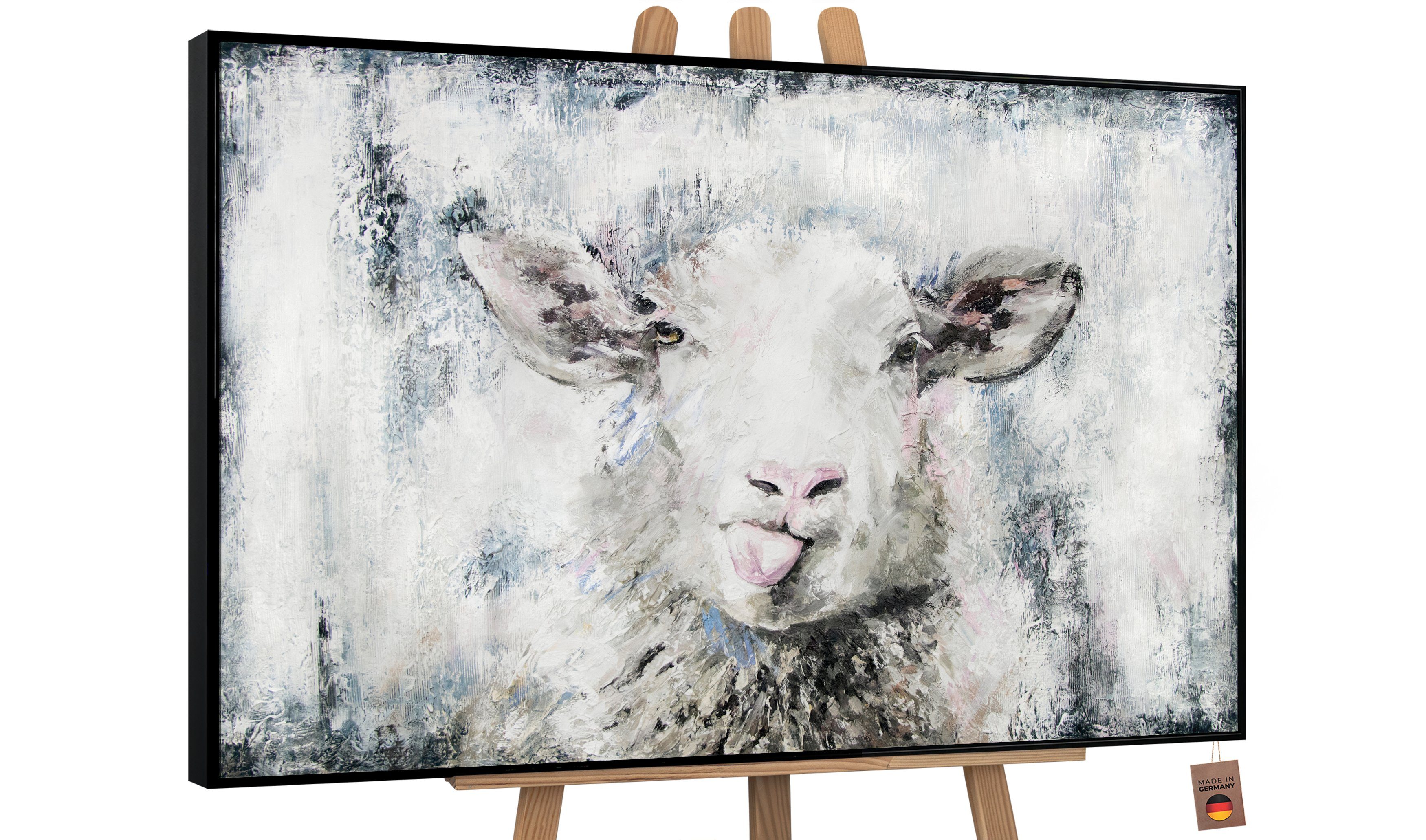 YS-Art Gemälde Glückliches Schaf, Tiere, Leinwand Bild Handgemalt Tier Rosa Blau Schwarz Mit Rahmen in Schwarz