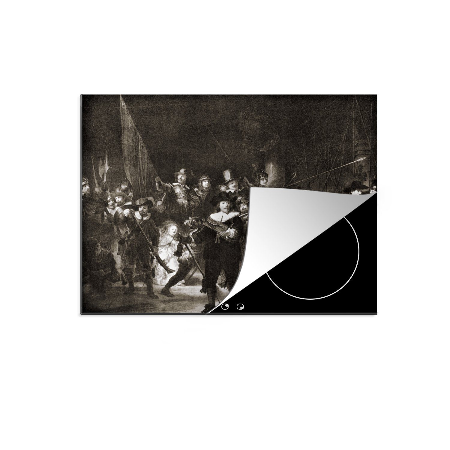 MuchoWow Herdblende-/Abdeckplatte Die Nachtwache in Schwarz und Weiß - Rembrandt van Rijn, Vinyl, (1 tlg), 59x52 cm, Ceranfeldabdeckung für die küche, Induktionsmatte | Herdabdeckplatten