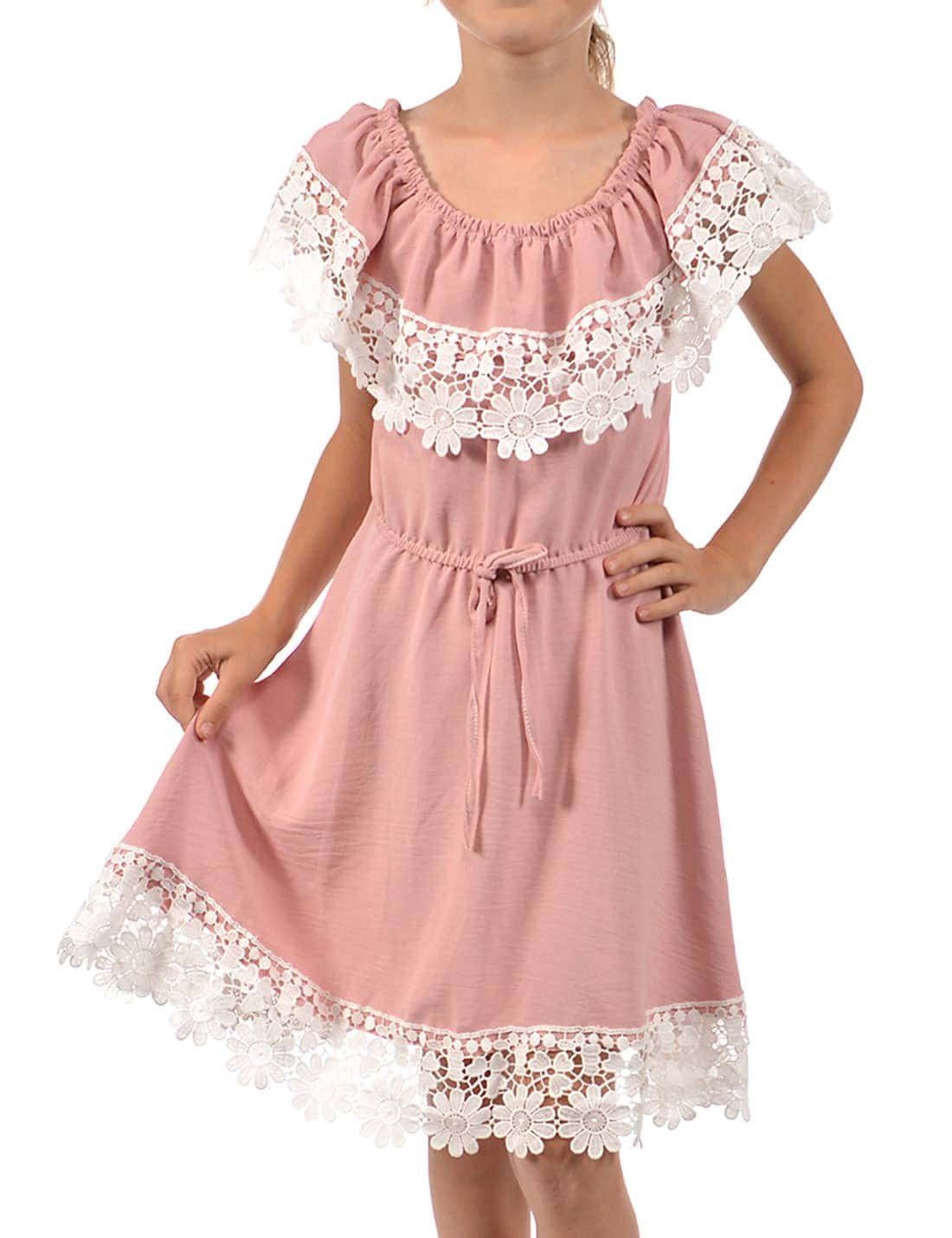 KMISSO Sommerkleid Mädchen Kleid Schulterfrei mit Spitze (1-tlg) bequem zu tragen Altrosa
