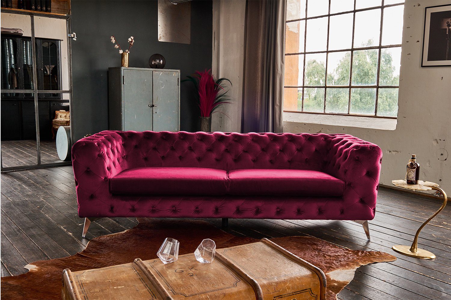 Sofa versch. 3-Sitzer KAWOLA Velvet Farben Chesterfield NARLA, rot