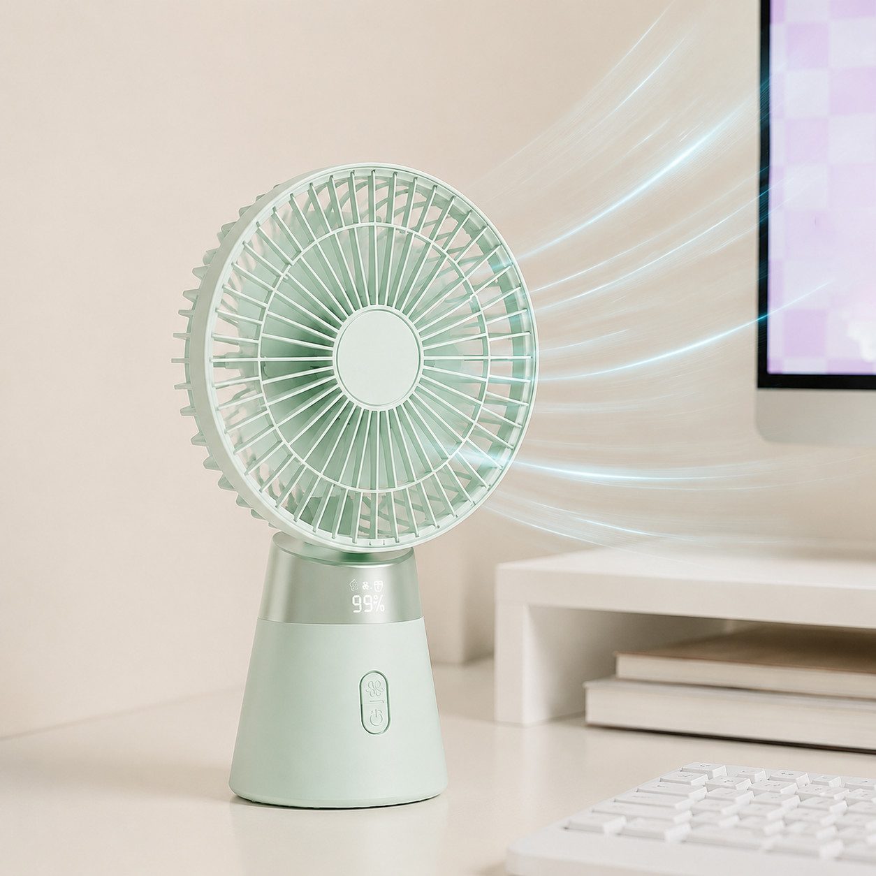 MOPUEA Tischventilator Akku Tischventilator USB Mini Ventilator mit LED Display leise 5Stufen, Mobile, Oszillierender Verstellbarer Neigungswinkel Luftzirkulator
