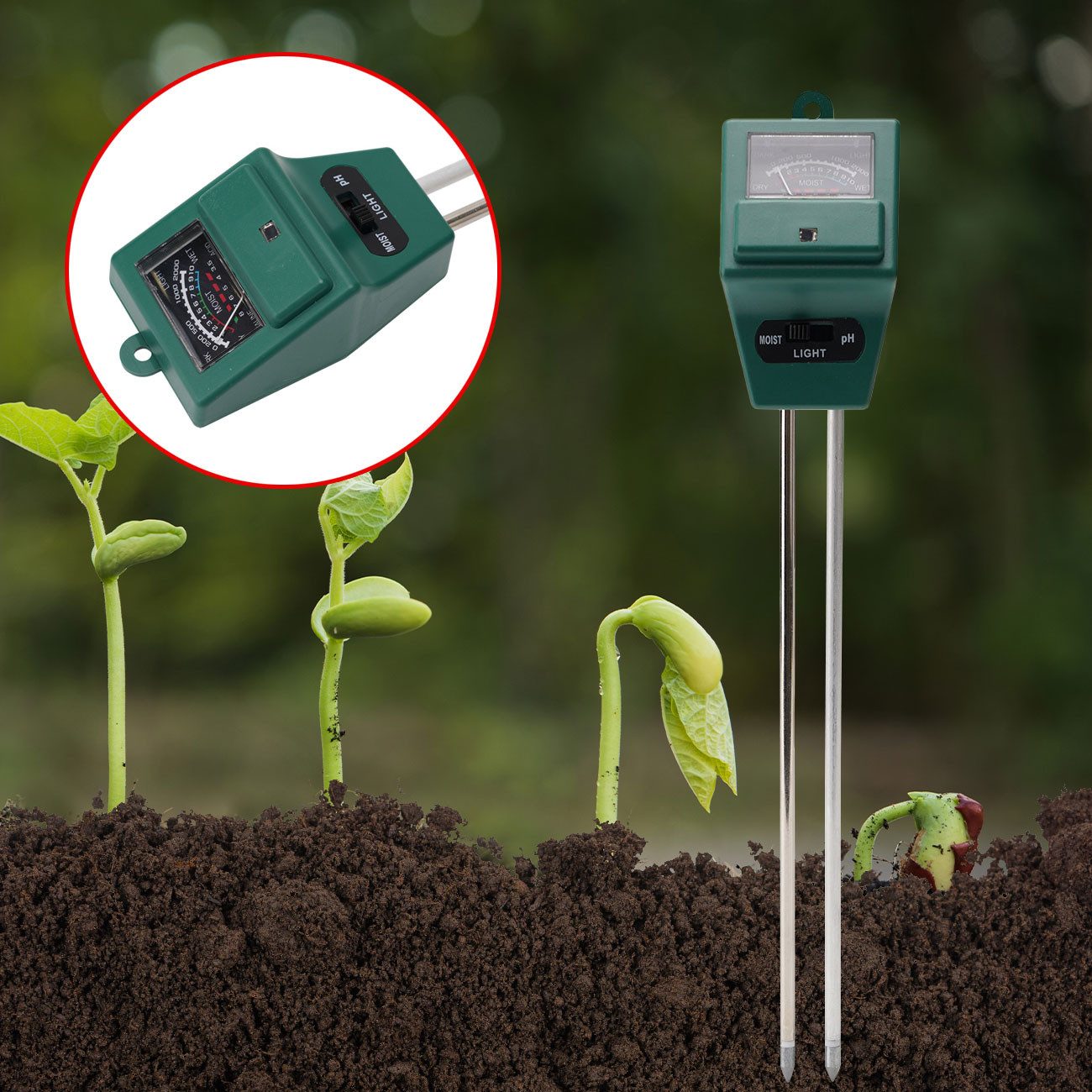 Casativo Feuchtigkeitsmesser 3in1 Bodentester Pflanzenerde-Messgerät für Feuchtigkeit pH-Wert Licht, (1-St., 1er-Set & 2er-Set & 4er-Set), 3-in-1 Bodentest strom- & batteriefrei/inkl. Tabelle mit Idealwerten