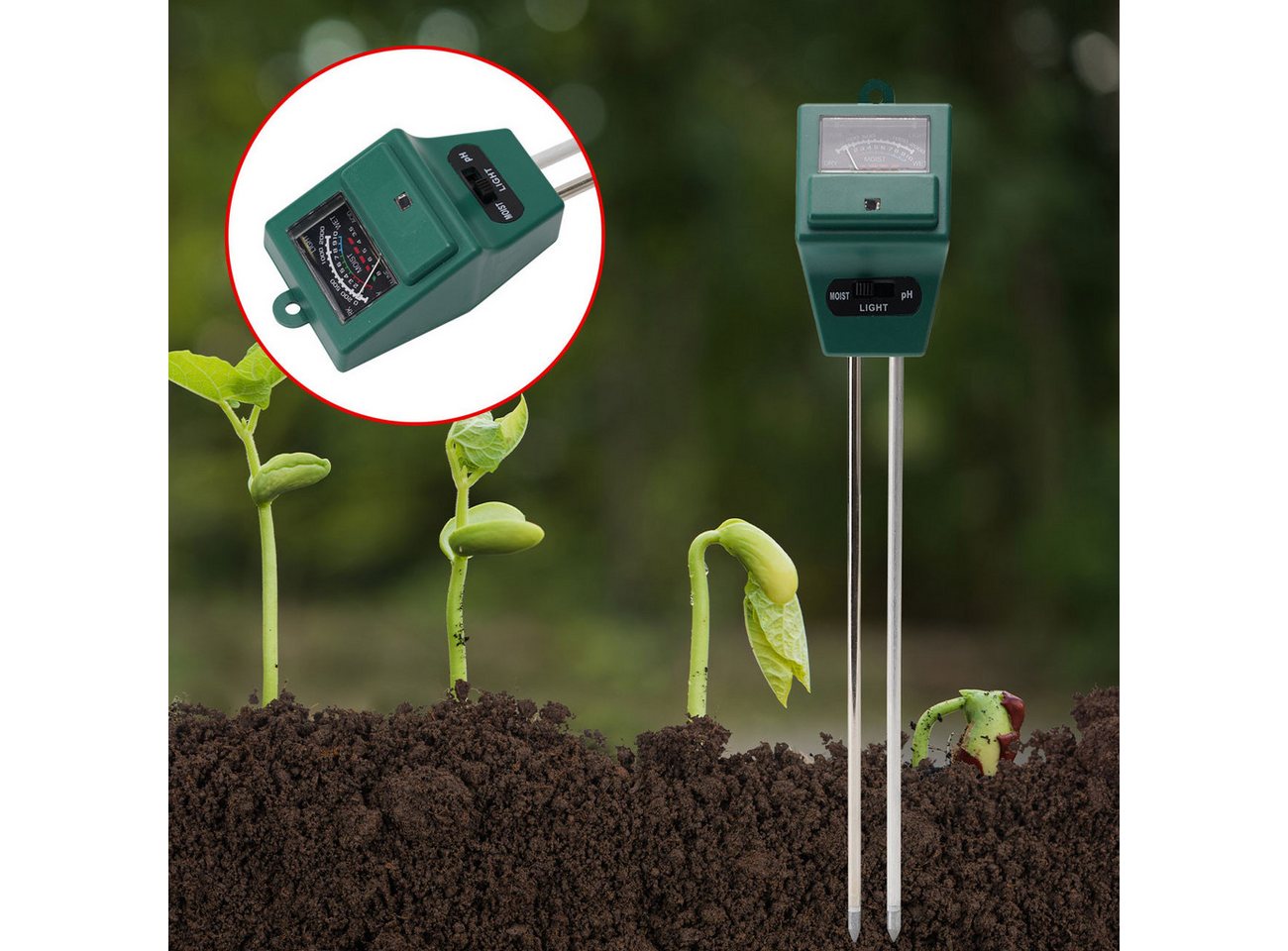 Casativo Feuchtigkeitsmesser 3in1 Bodentester Pflanzenerde-Messgerät für Feuchtigkeit pH-Wert Licht, (1-St., 1er-Set & 2er-Set & 4er-Set), 3-in-1 Bodentest strom- & batteriefrei/inkl. Tabelle mit Idealwerten