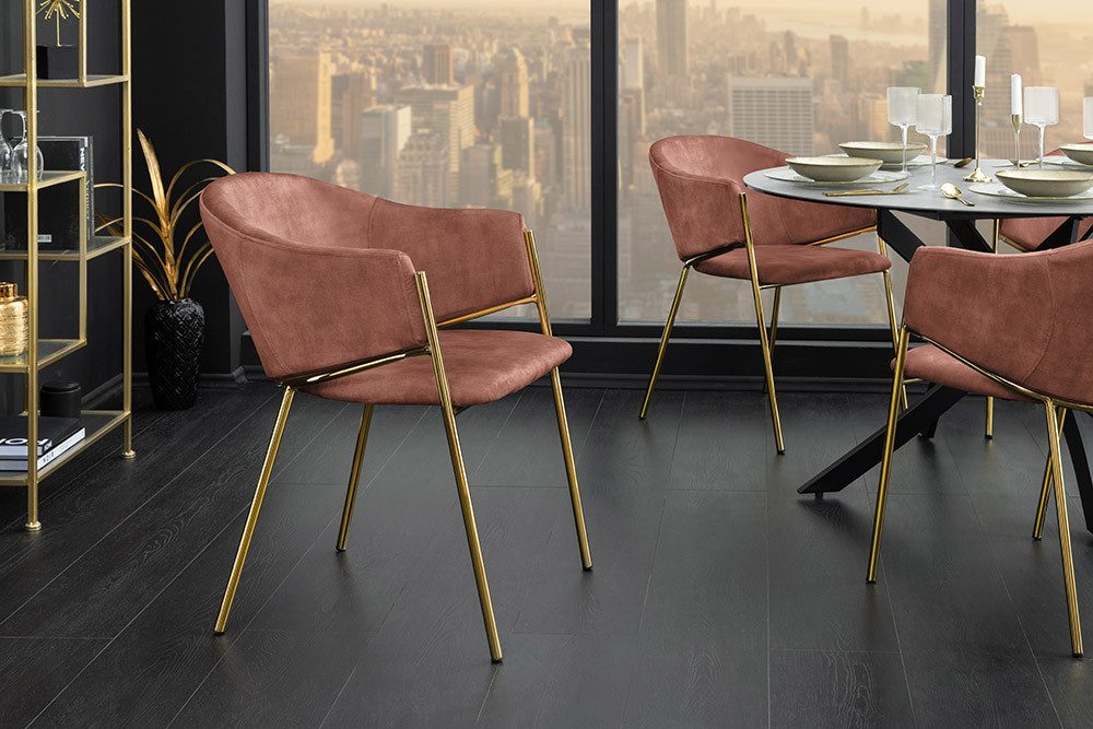 riess-ambiente Esszimmerstuhl NOBLESSE rosé / gold - Samt, Metallgestell, Retro, mit Armlehnen (Einzelartikel, 1 St), halbrunder Stuhl - ideal für Küche, Ess-, Arbeits-. Wohnzimmer & Büro