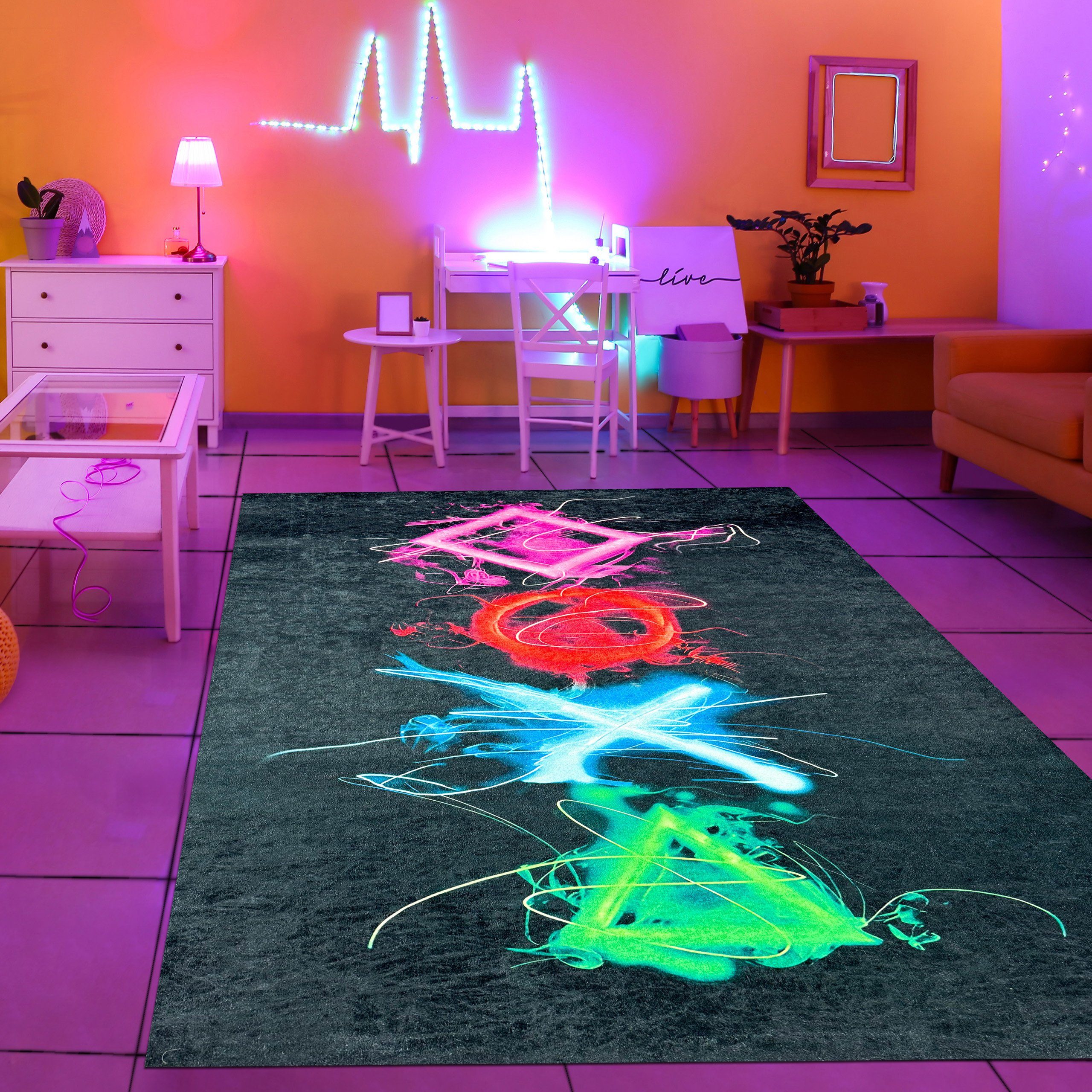TeppichHome24 Kinderteppich Gaming Teppich mit neonfarbigen Symbolen, recht günstig online kaufen