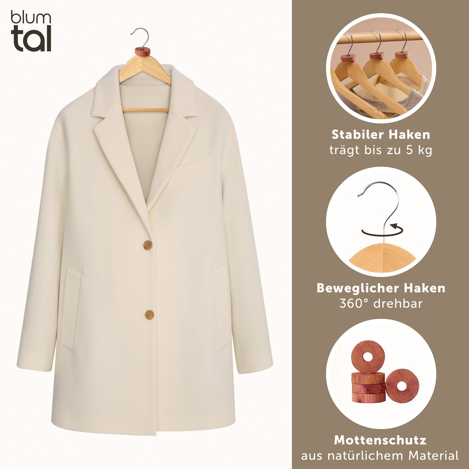Blumtal Kleiderbügel Kleiderbügel Holz mit 360° drehbarem Metallhaken, (50-tlg), Zedernholz Mottenschutz mit Anti-Rutsch-Schicht & Einkerbungen – Bild 4 von 5