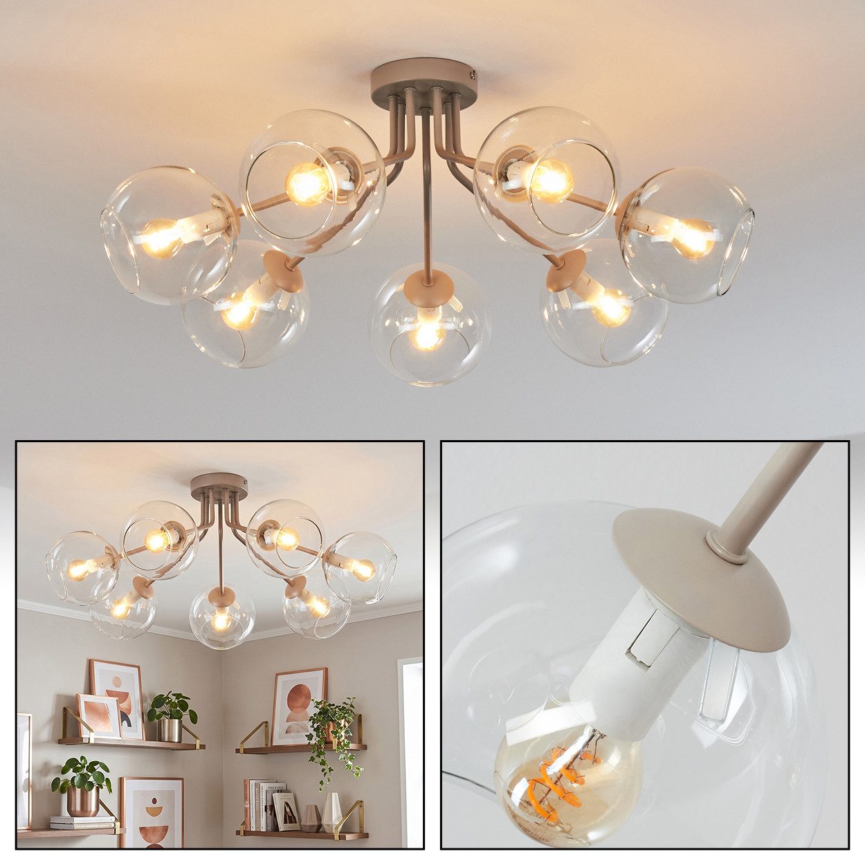 hofstein Deckenleuchte Deckenlampe aus Metall/Glas in Sandfarben/Weiß/Klar, moderne Deckenleuchte im Retro/Vintage/Boho-Design, 7 x E14