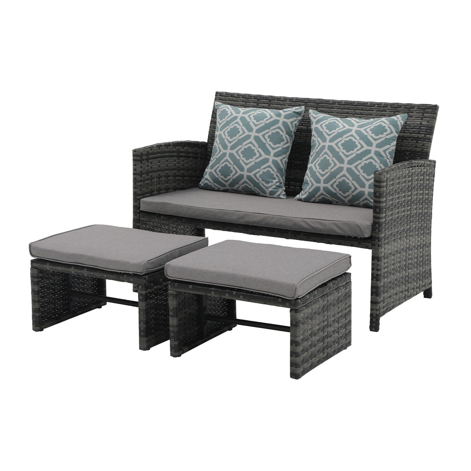 Sunsitt Gartenbank Outdoor Loveseat (3-tlg Terrassenmöbel-Set, Allwetter Rattan Gartenbank mit 2 Hocker), Grau Rattan&Grau Kissen