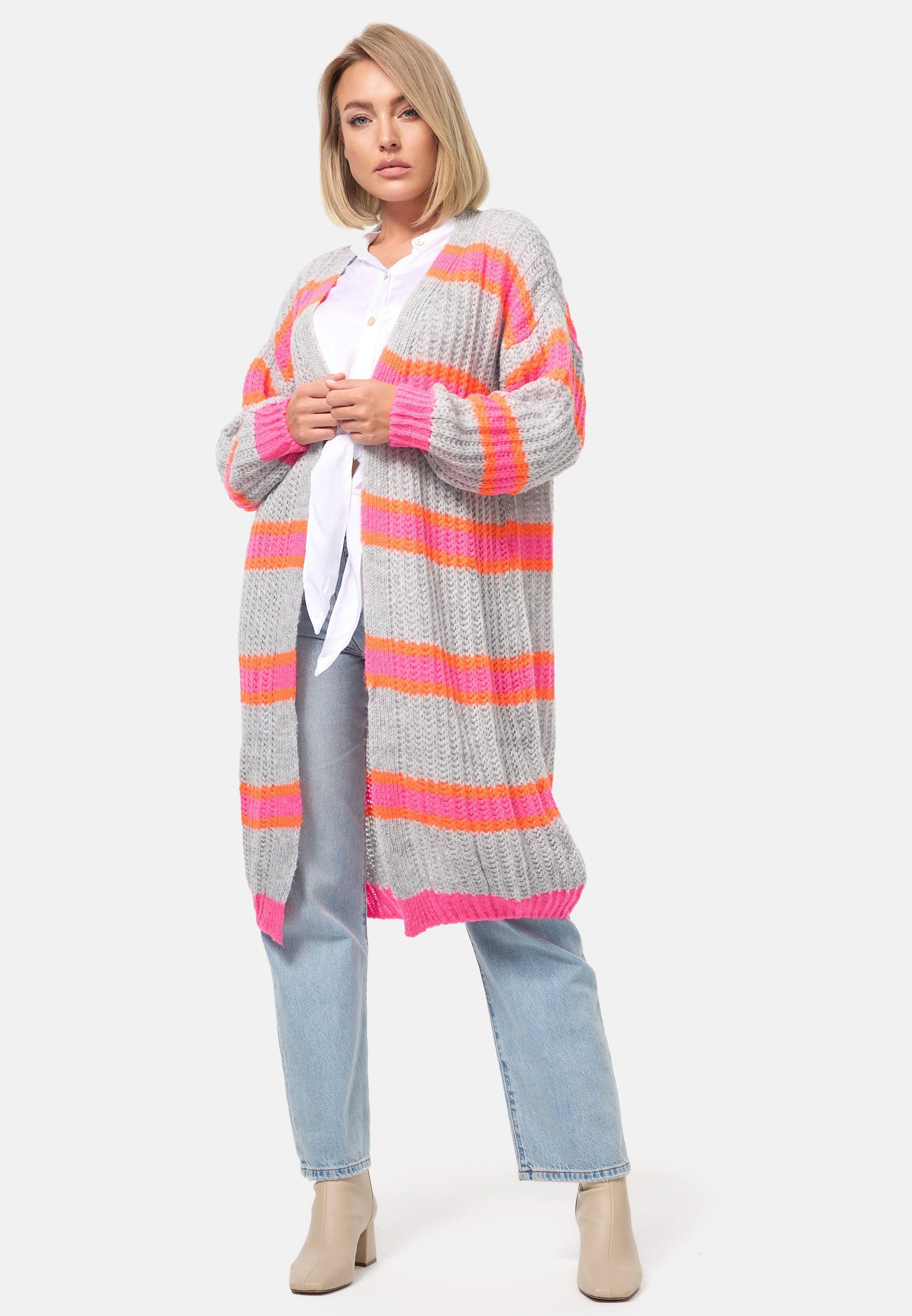 Rayshyne Longstrickjacke langer Cardigan mit Blockstreifen für Damen (Gestreift Bunte Kuschelige Damen Strickjacke Cardigan PM02)