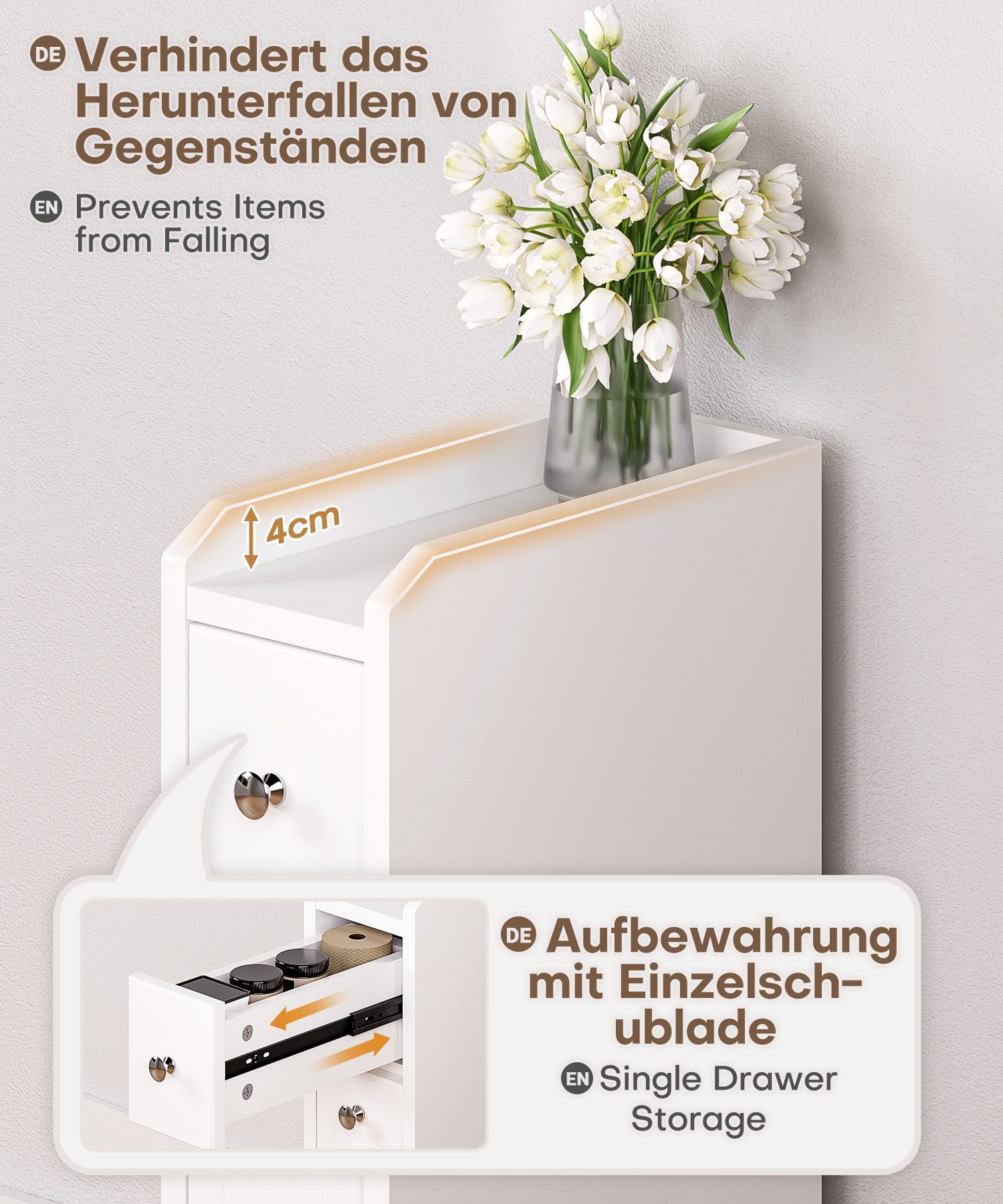 Yorbay Badkommode Badezimmerschrank Toilettenschrank, mit Schubladen für schmale Nischen, 18x40x70 cm