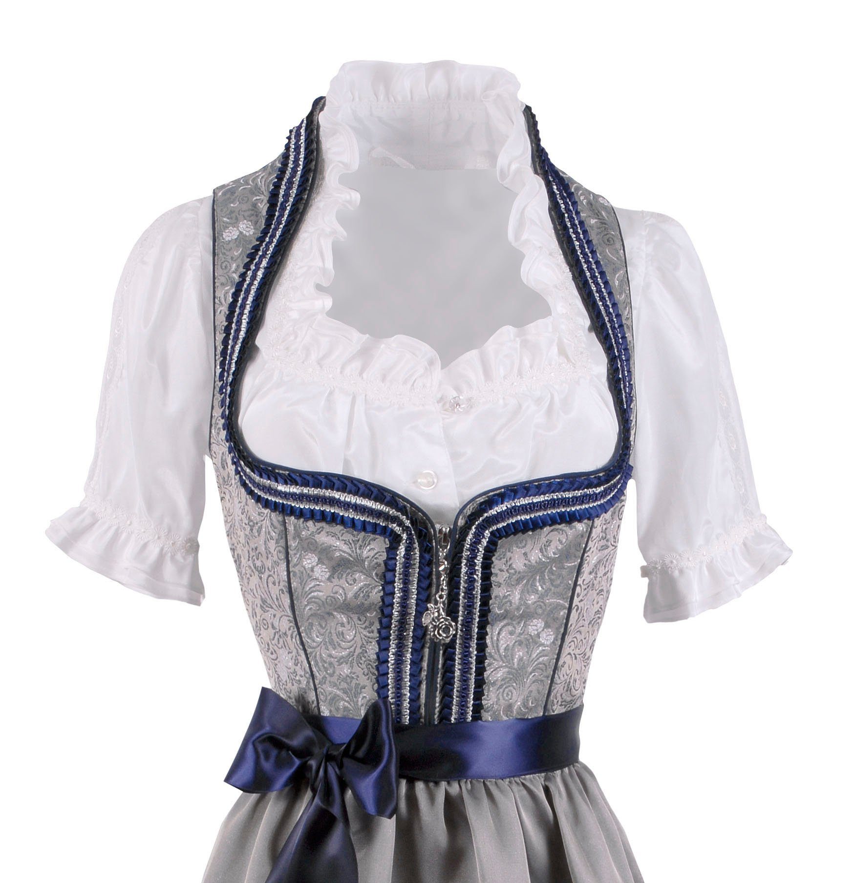 Moschen-Bayern Dirndl Midi Dirndl kurz Damen Trachtenkleid Oktoberfest Wiesn-Dirndl 70 cm Spitzenschürze elegant festlich Hochzeit Silber Blau Kurz, Trachtenkleid, Midi, Hochzeit, Spitze, festlich, elegant, Dirndl