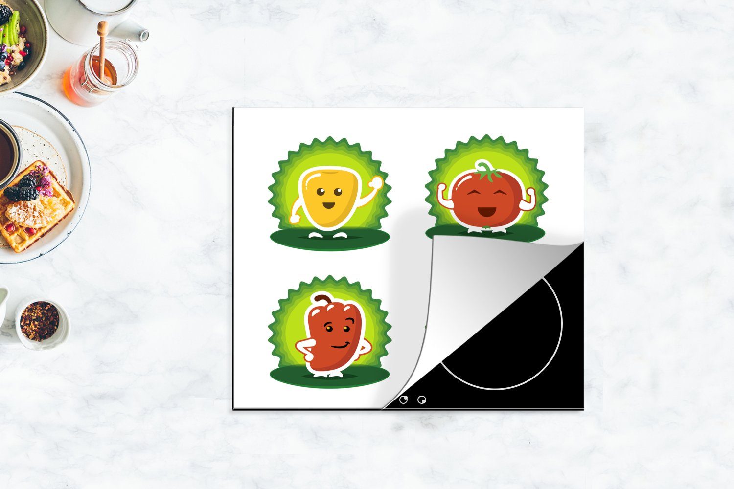 nutzbar, cm, Vinyl, MuchoWow Kinder, 60x52 für Arbeitsfläche Illustration Mobile von Ceranfeldabdeckung Herdblende-/Abdeckplatte (1 anthropomorphem tlg), Gemüse