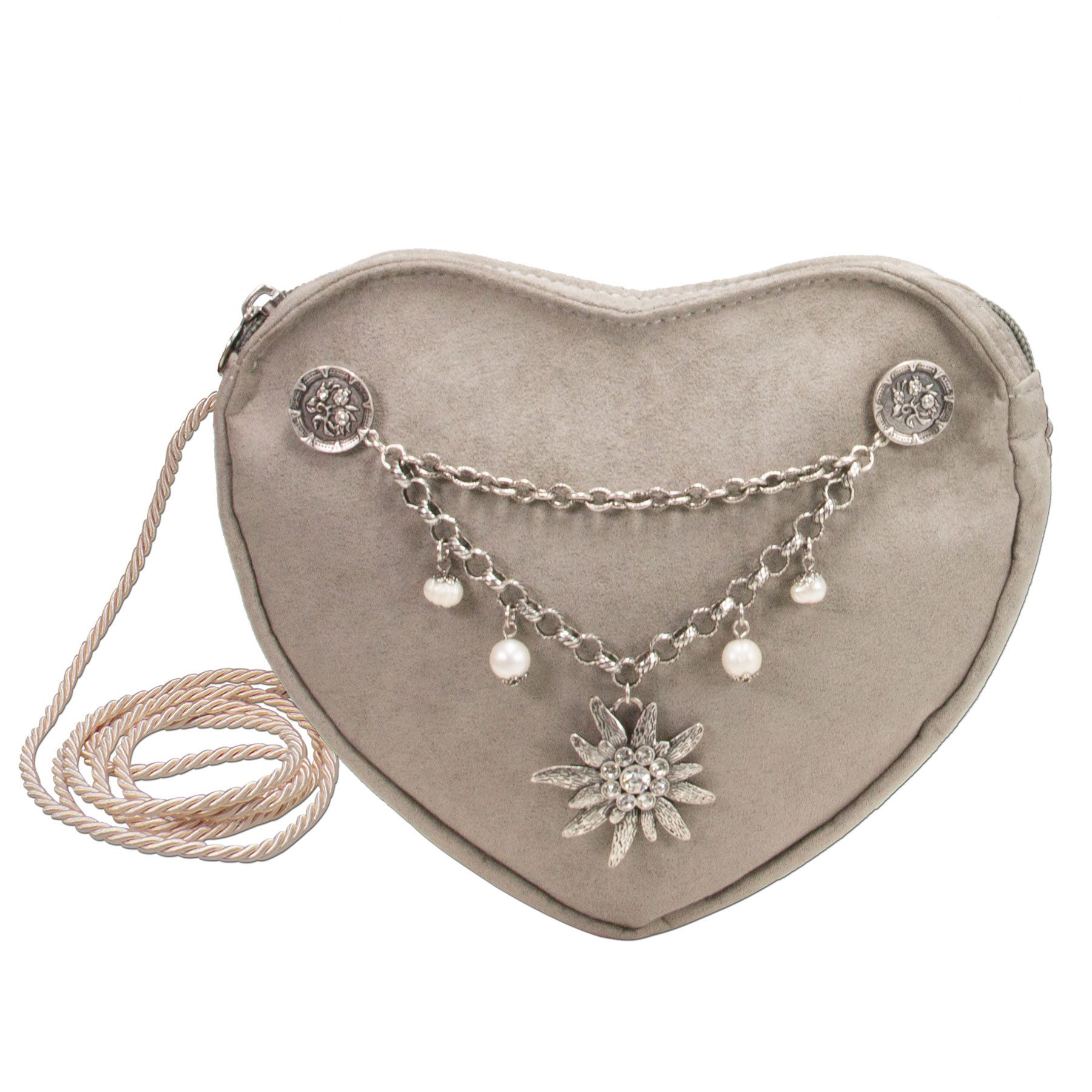Alpenflüstern Schultertasche Herztasche Charivari Strass-Edelweiss (taupe-grau), - Damen Trachtentasche in Herzform, Schultertasche fürs Dirndl, Herz H