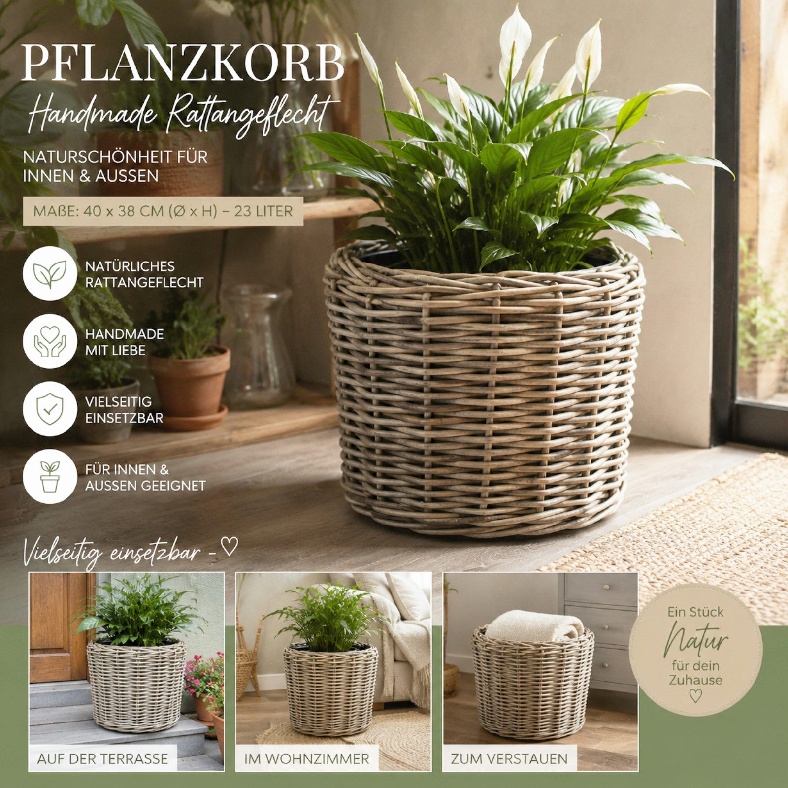 Van der Leeden Blumentopf 34x30cm Rattan Weide Sylter Korb Drypot 11L (1 St), Indoor & Outdoor, Rattan, 11 L, Naturprodukt, incl. Kunststoffeimer