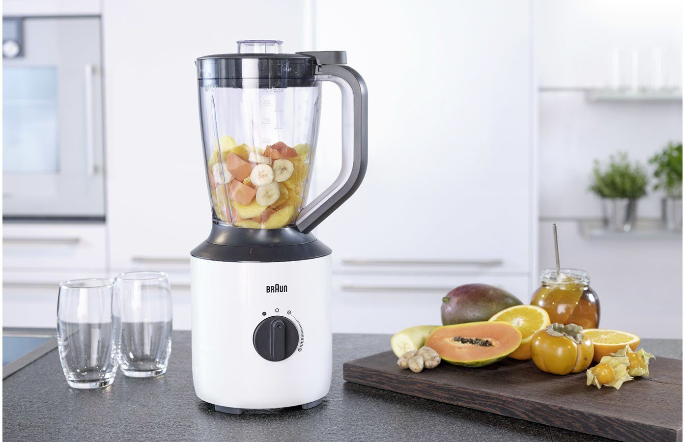Braun Standmixer PowerBlend 3 JB 3150 WH - 800W, stufenlos regulierbar, 1,5 L, Glaskrug, 800 W, Ice-Crush & Pulsfunktion, leises Mixen, spülmaschinenfest
