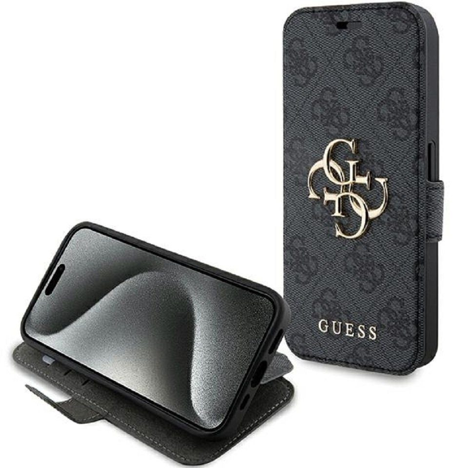 Guess Handyhülle Bookcase Cover iPhone 15 Pro grau Logo goldfarben aufstellbar 6,1 Zoll, Kartenfächer