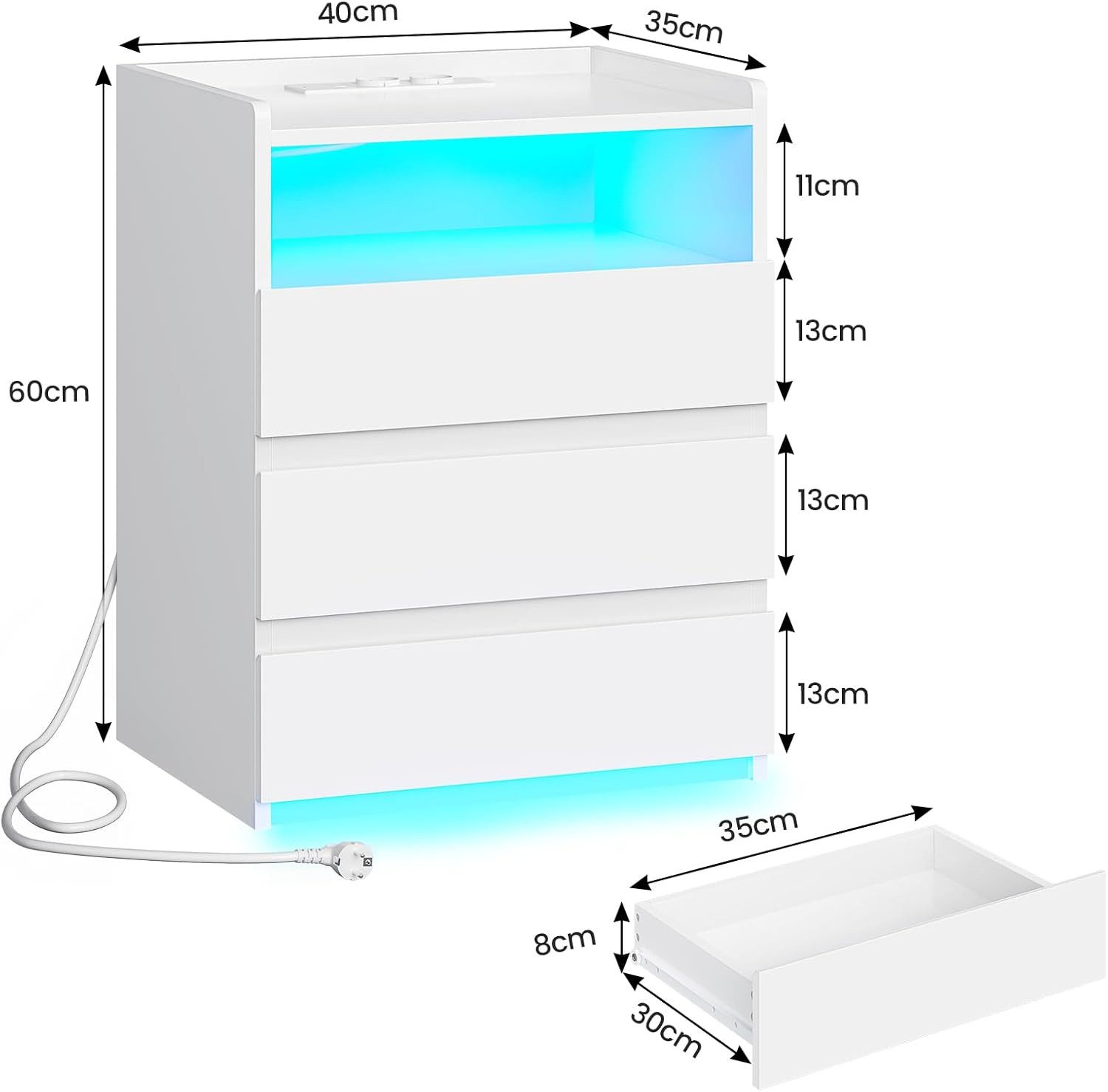 MSMASK Nachttisch mit 3 Schubladen, Steckdosenleiste günstig online kaufen