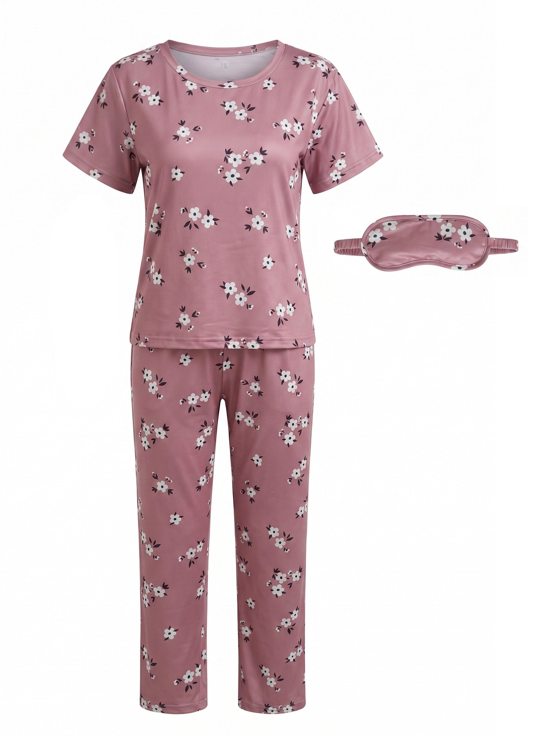Elegant Love Pyjama Damen-Schlafanzug-Set mit Blumenmuster – Bequeme Nachtwäsche (Set, 3 tlg., mit T-Shirt, langer Hose & Schlafmaske) Stilvolle Loungewear & be – Bild 2 von 5