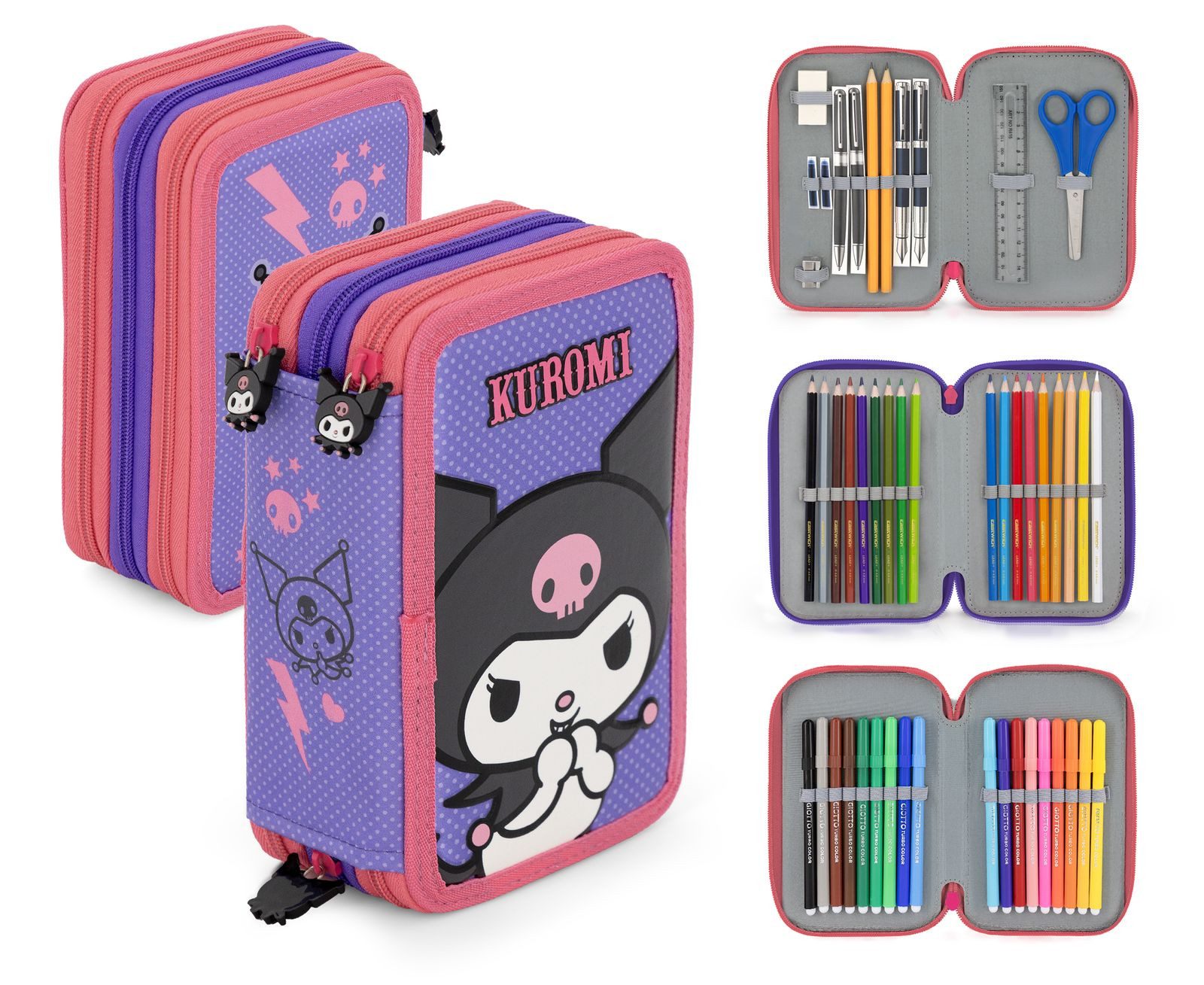 TOP! Federmäppchen Hello Kitty & Friends KUROMI - Federmappe, 42 Teile, 3-fach gefüllt, (42-tlg., Mädchen), Reißverschluss