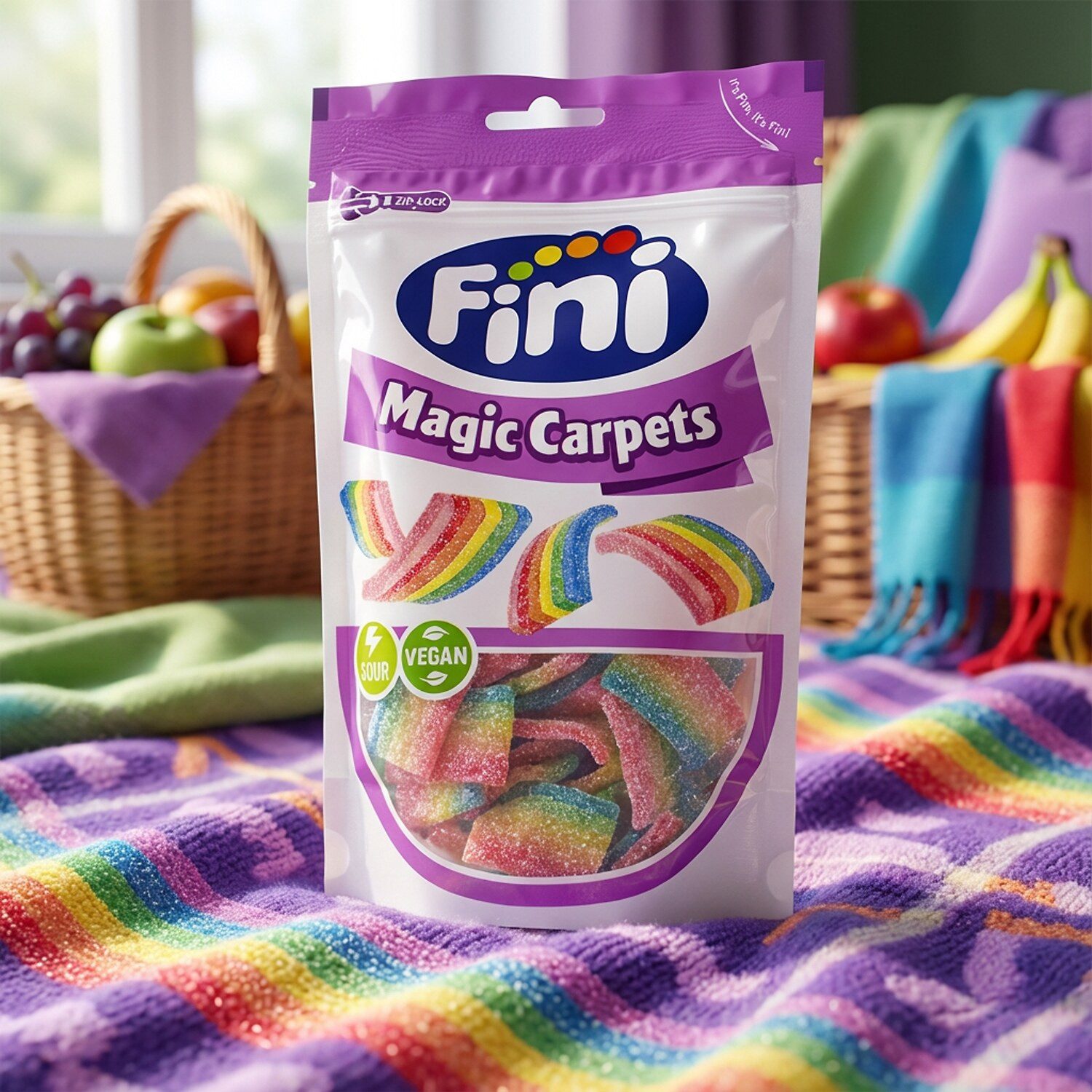 Fini Süßigkeit, 1 x 165 g, Fini Magic Carpets – Saure Regenbogen-Streifen (Vegan)