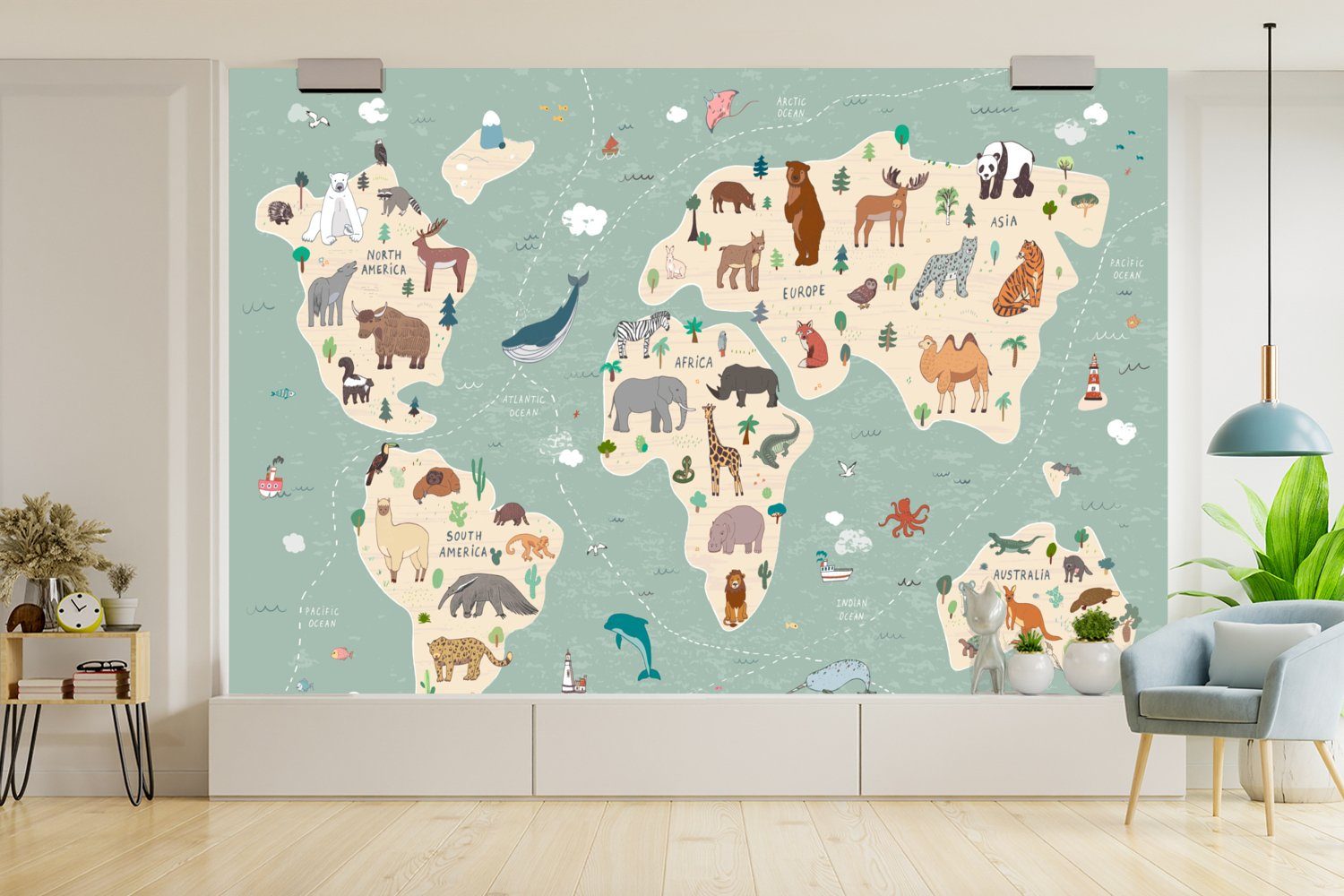 MuchoWow Fototapete Erde - Weltkarte Schlafzimmer, für Vinyl Tapete Kinder - Blau, Tiere bedruckt, Wohnzimmer, Wallpaper Matt, - - Jungen - St), Kinderzimmer, (6 Mädchen
