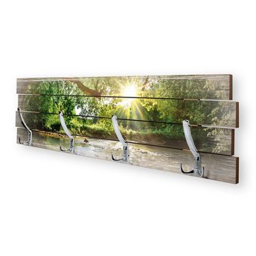 Kreative Feder Wandgarderobe Wandgarderobe "Waldbach" aus Holz, im Shabby-Chic-Design farbig bedruckt ca. 30x100cm 4 Doppel-Haken