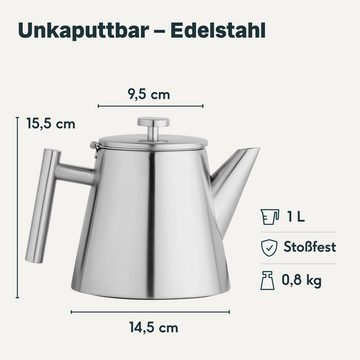 SILBERTHAL Teekanne Edelstahl mit Siebeinsatz, 1 l, Doppelwandig-isoliert, bis zu 1h warm