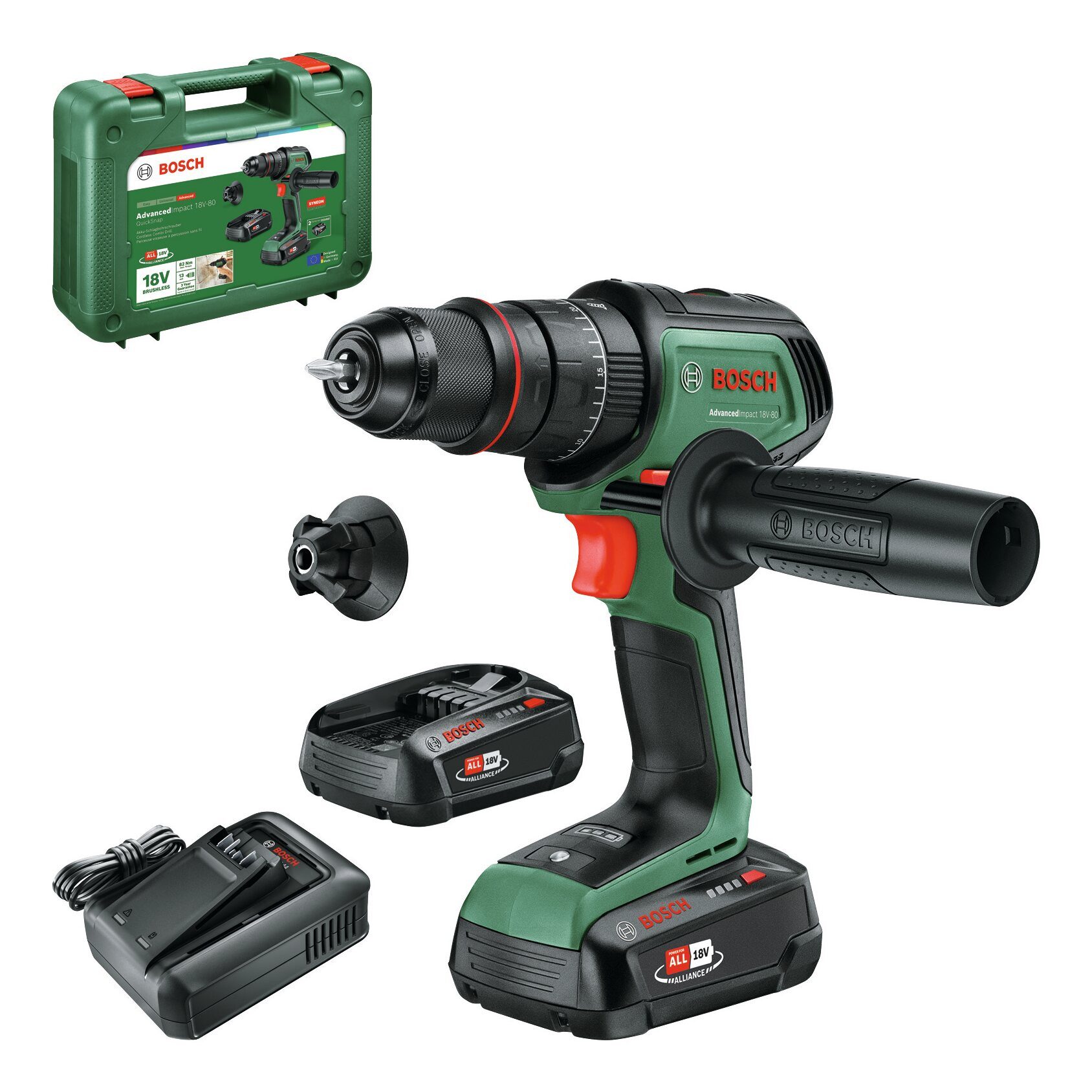 BOSCH Akku-Schlagbohrschrauber AdvancedImpact 18V-80, 18 V, max. 500 U/min, Schlagbohrmaschine QuickSnap mit 2x Akku 2,5 Ah - im Tragekoffer