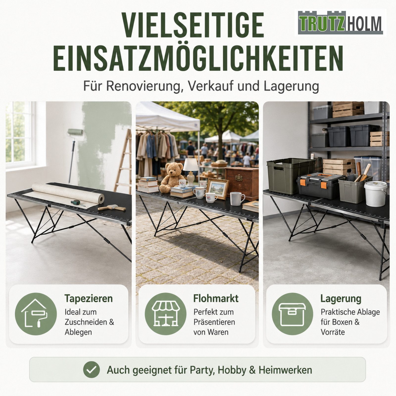 TRUTZHOLM Tapeziertisch Alu Arbeitstisch Klapptisch Multifunktionstisch Mehrzwecktisch (Stück, fertig montiert), Aluminium-Rahmen – Bild 4 von 5